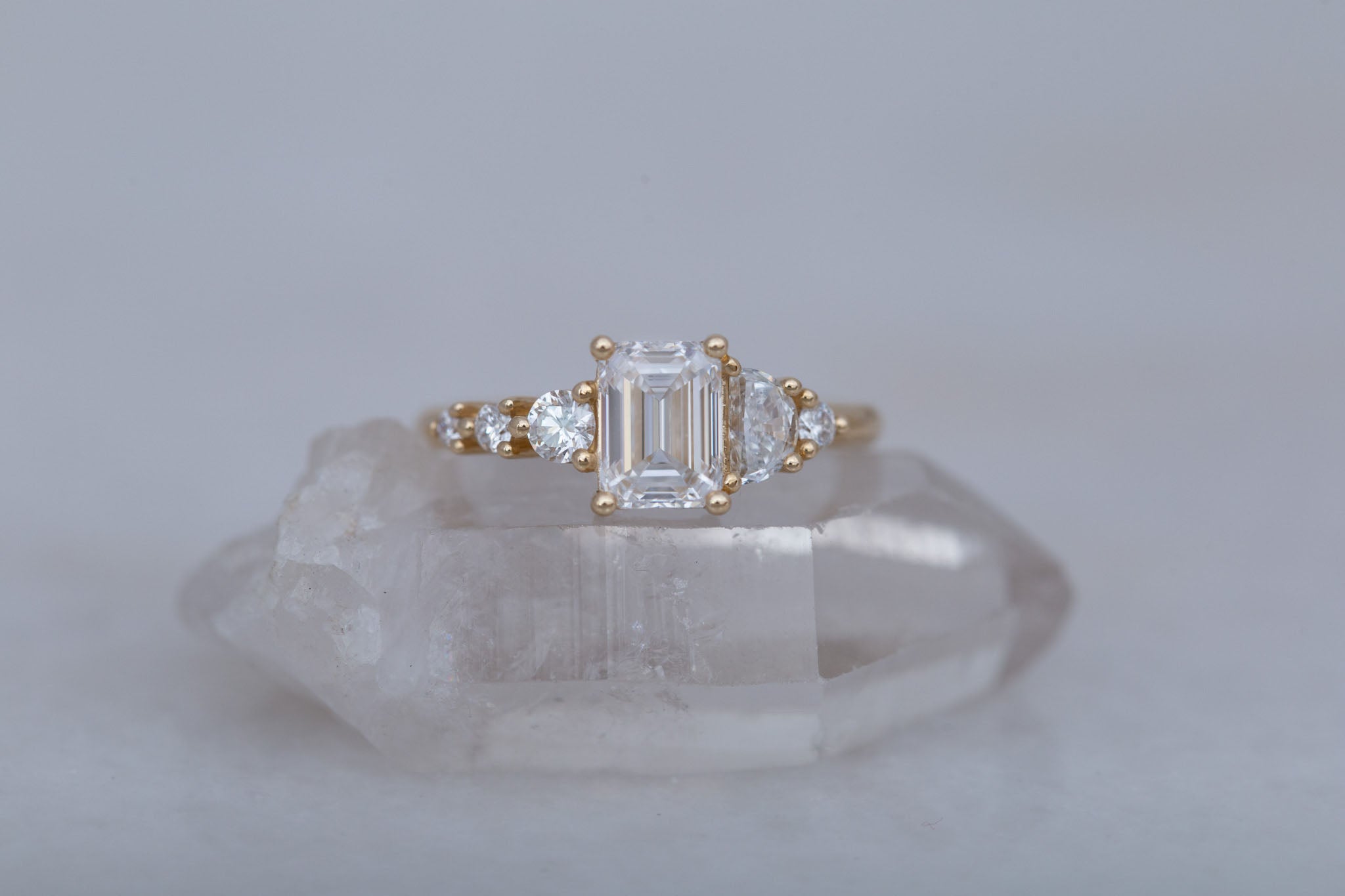 Sarine Ring | Lab Emerald Cut + Half Moon Diamond + Diamond Cluster Engagement Ring 1.41 ct | 14k Recycled Gold | One of a Kind