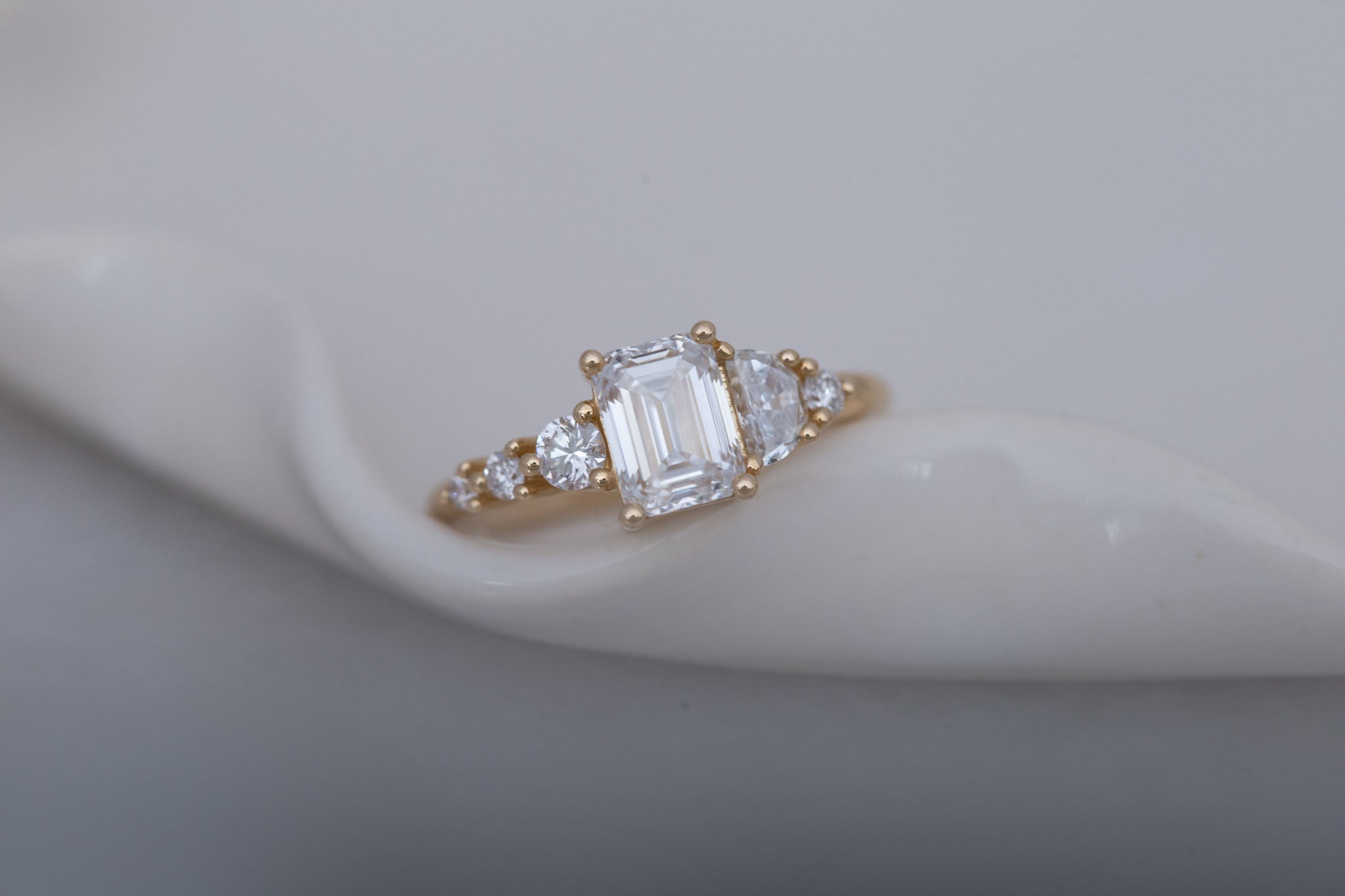 Sarine Ring | Lab Emerald Cut + Half Moon Diamond + Diamond Cluster Engagement Ring 1.41 ct | 14k Recycled Gold | One of a Kind