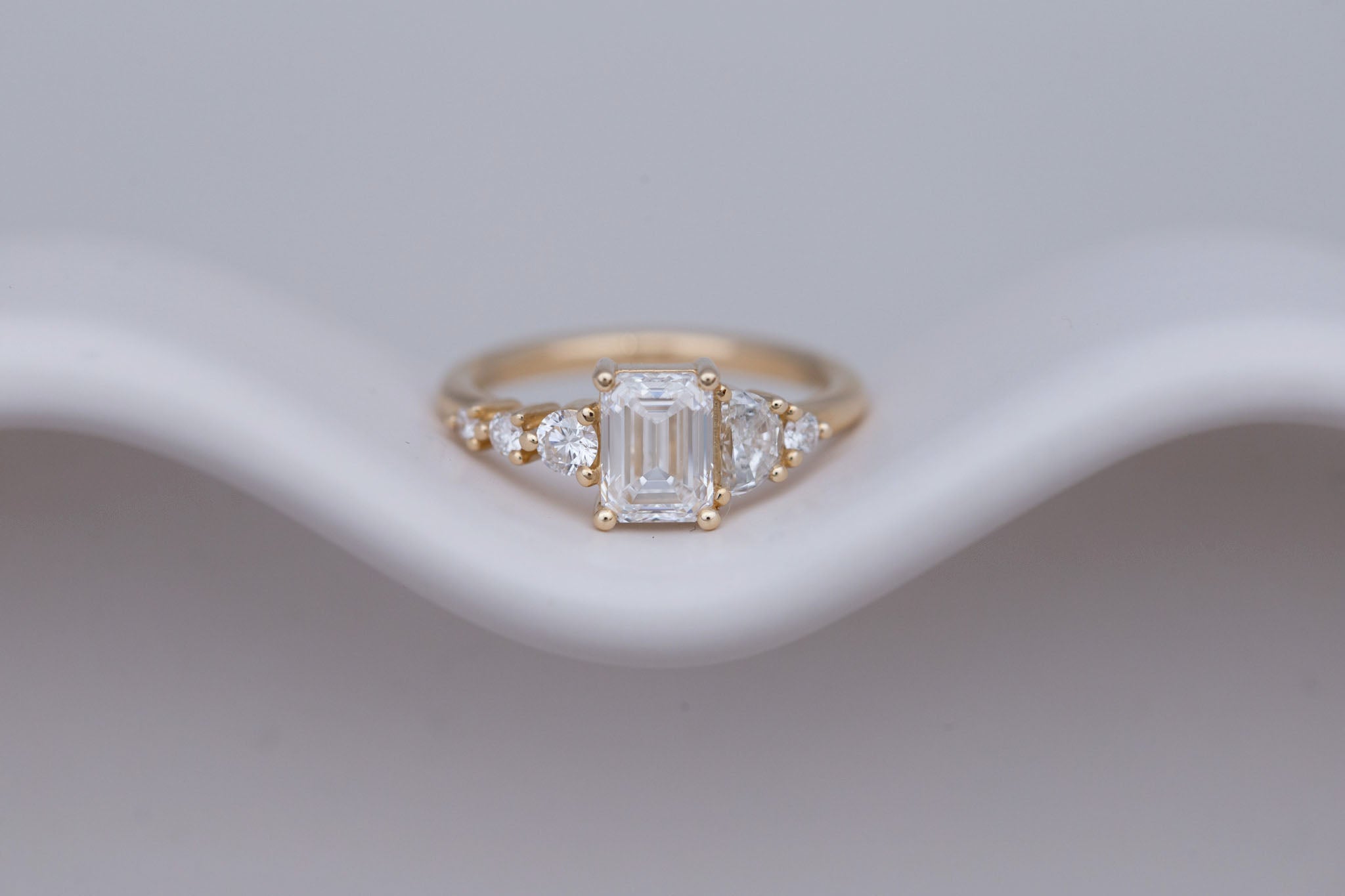 Sarine Ring | Lab Emerald Cut + Half Moon Diamond + Diamond Cluster Engagement Ring 1.41 ct | 14k Recycled Gold | One of a Kind