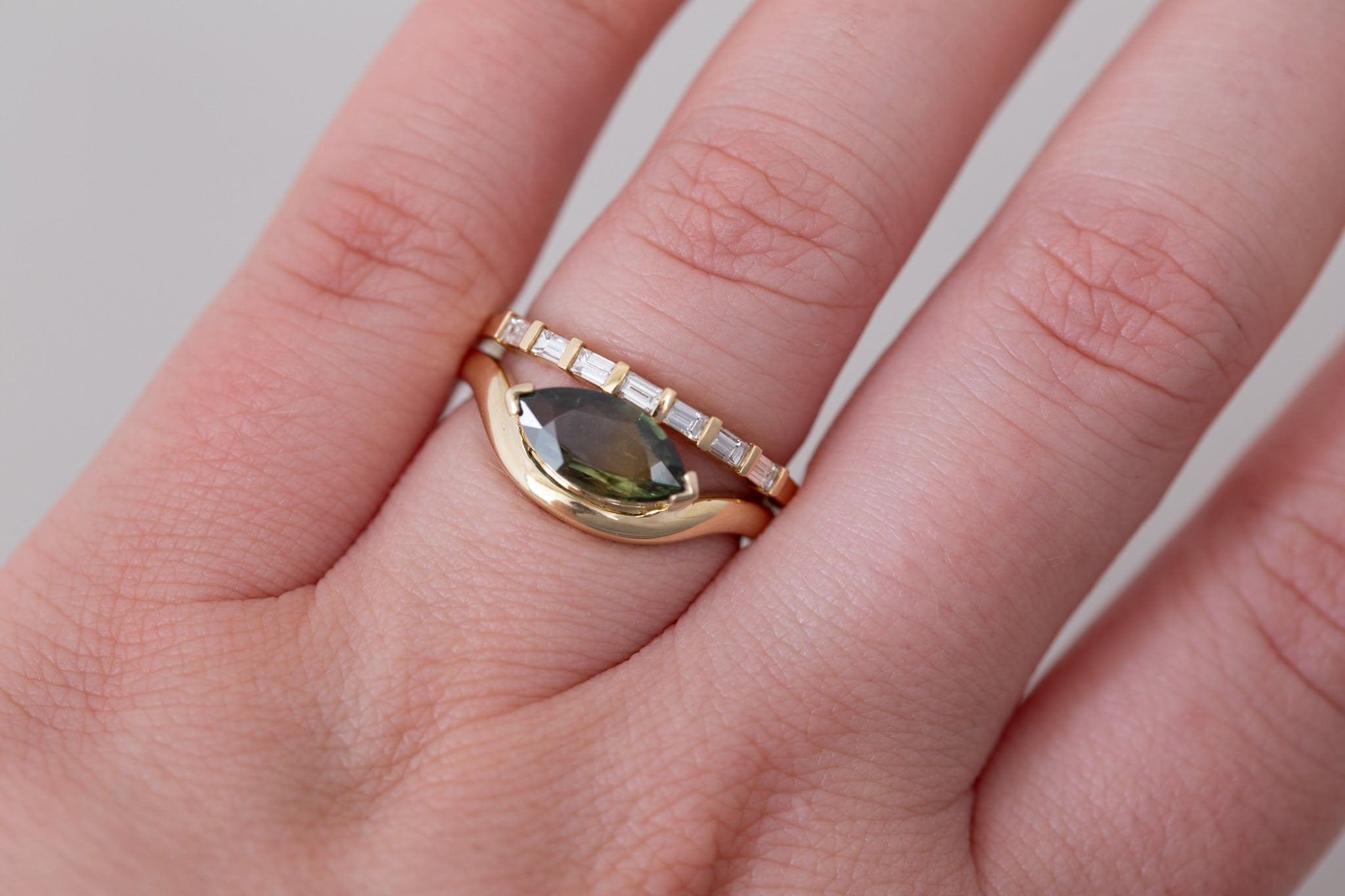 Rhodes Ring | Olive Green Marquise Sapphire Solitaire + Curved Band Engagement Ring 1.42 ct | 14k Recycled Gold | One of a Kind