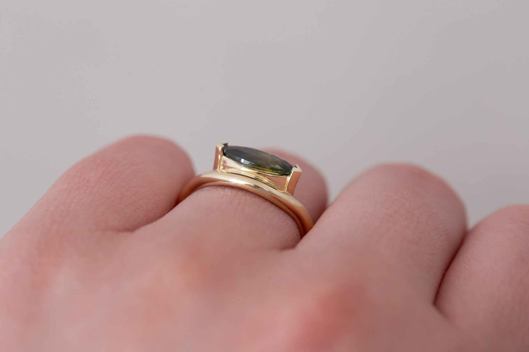 Rhodes Ring | Olive Green Marquise Sapphire Solitaire + Curved Band Engagement Ring 1.42 ct | 14k Recycled Gold | One of a Kind