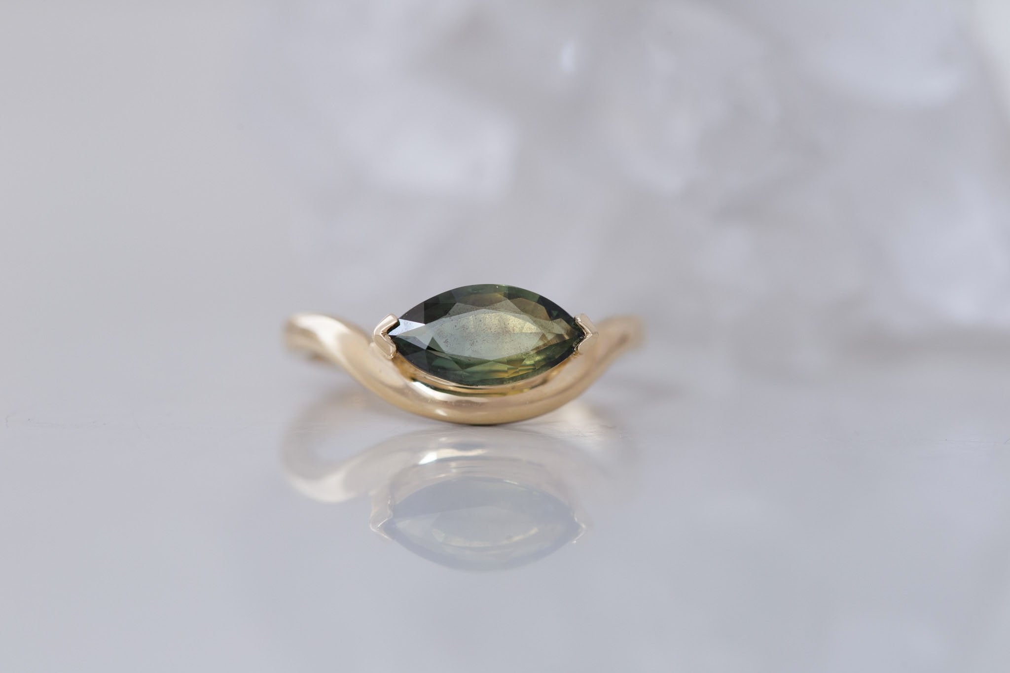 Rhodes Ring | Olive Green Marquise Sapphire Solitaire + Curved Band Engagement Ring 1.42 ct | 14k Recycled Gold | One of a Kind