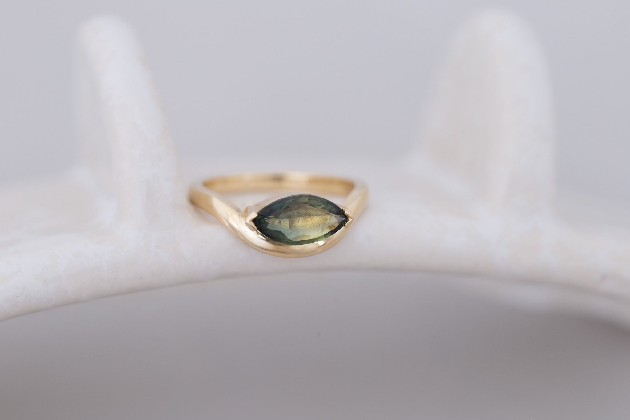 Rhodes Ring | Olive Green Marquise Sapphire Solitaire + Curved Band Engagement Ring 1.42 ct | 14k Recycled Gold | One of a Kind