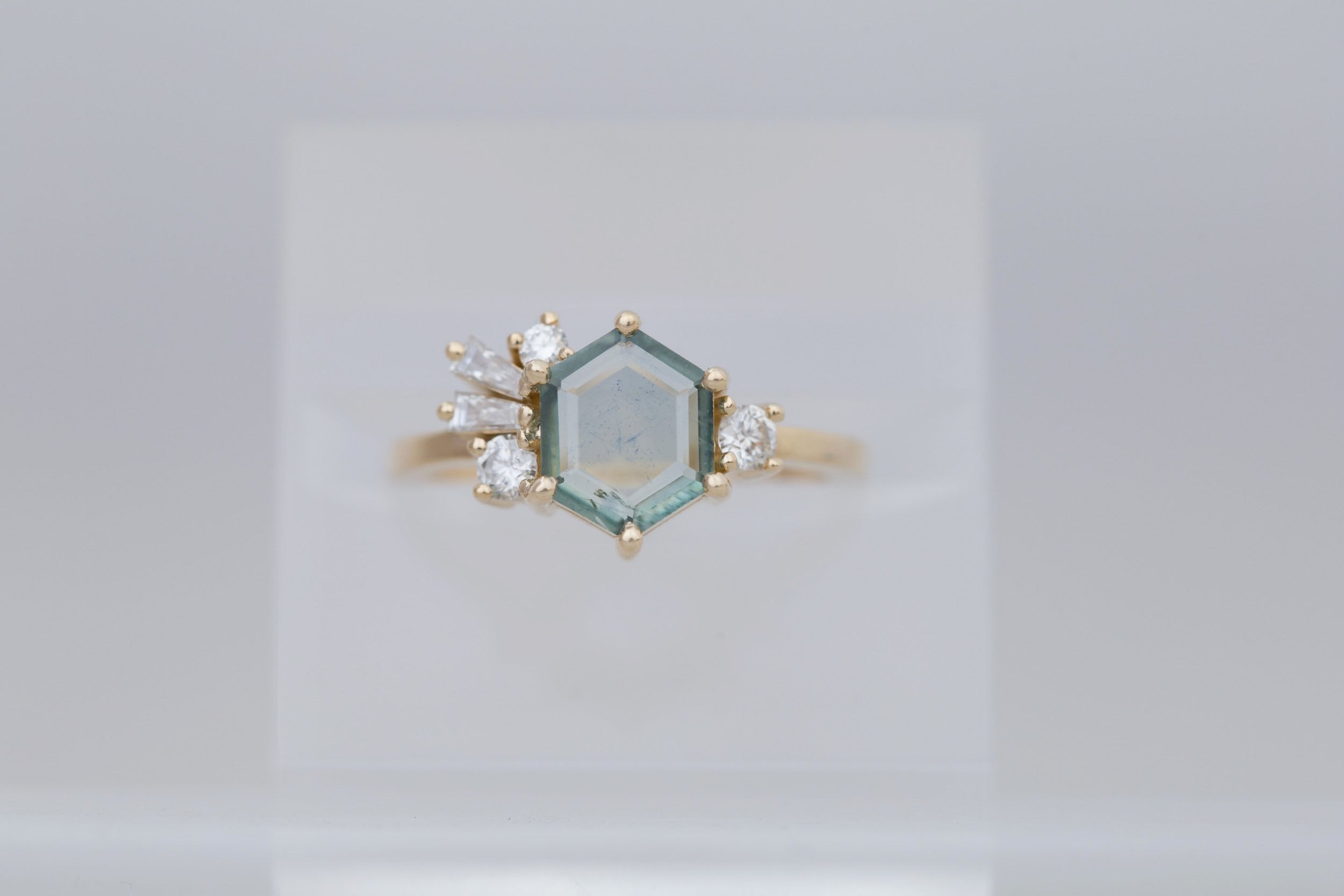 Solana Ring | Mint Montana Hexagon Sapphire + Diamond Cluster Engagement Ring 1.42 ct | 14k Recycled Gold | One of a Kind