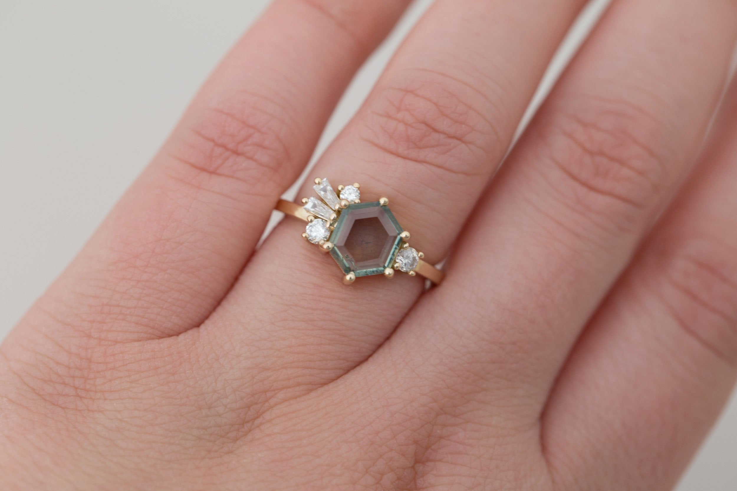 Solana Ring | Mint Montana Hexagon Sapphire + Diamond Cluster Engagement Ring 1.42 ct | 14k Recycled Gold | One of a Kind