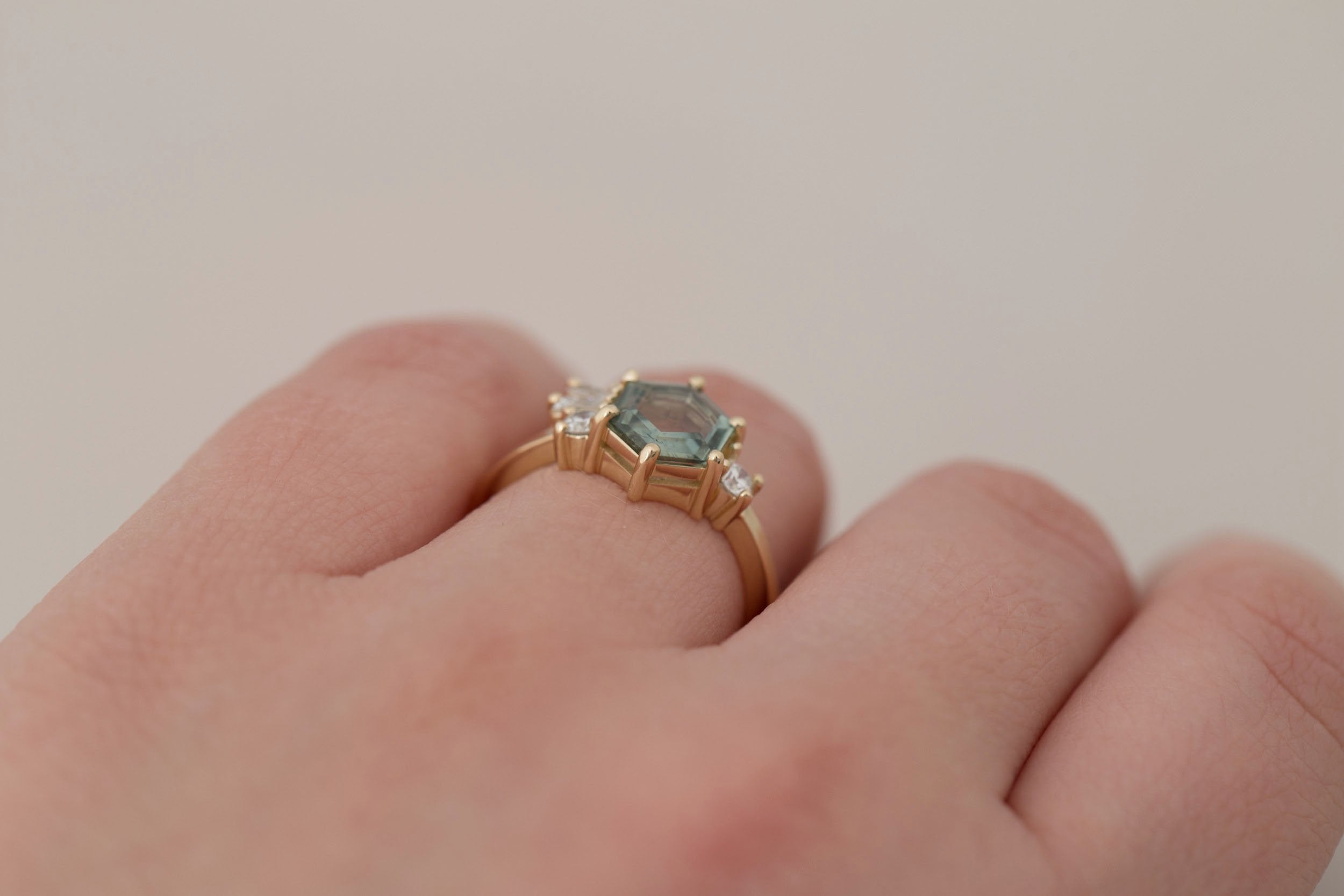 Solana Ring | Mint Montana Hexagon Sapphire + Diamond Cluster Engagement Ring 1.42 ct | 14k Recycled Gold | One of a Kind