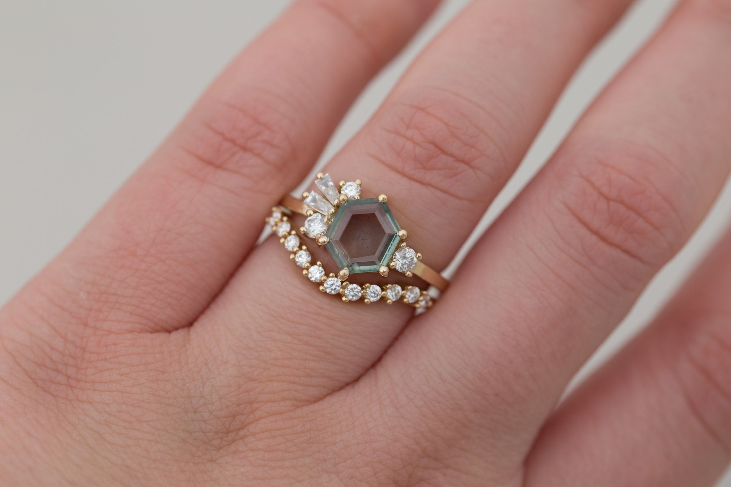 Solana Ring | Mint Montana Hexagon Sapphire + Diamond Cluster Engagement Ring 1.42 ct | 14k Recycled Gold | One of a Kind