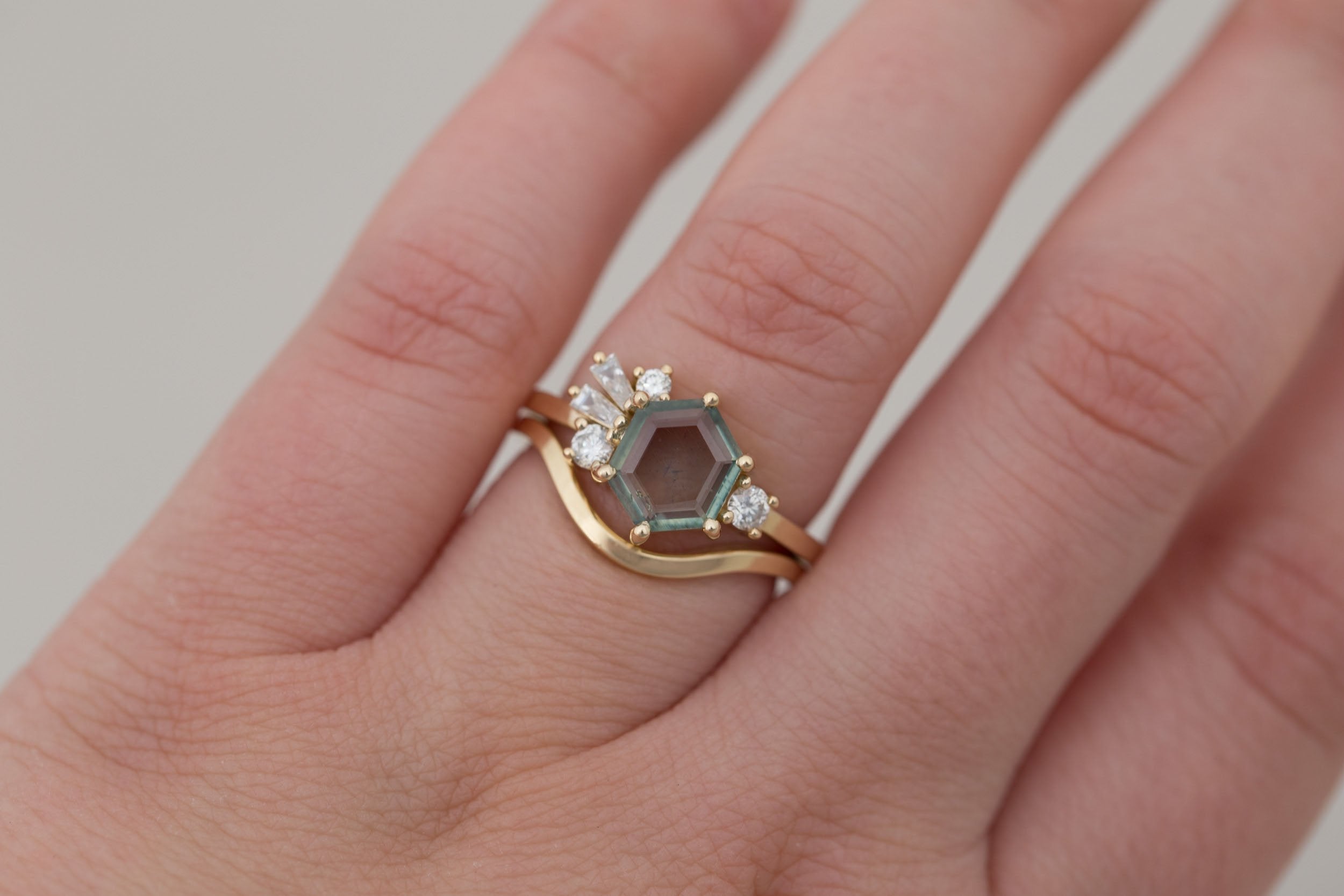 Solana Ring | Mint Montana Hexagon Sapphire + Diamond Cluster Engagement Ring 1.42 ct | 14k Recycled Gold | One of a Kind