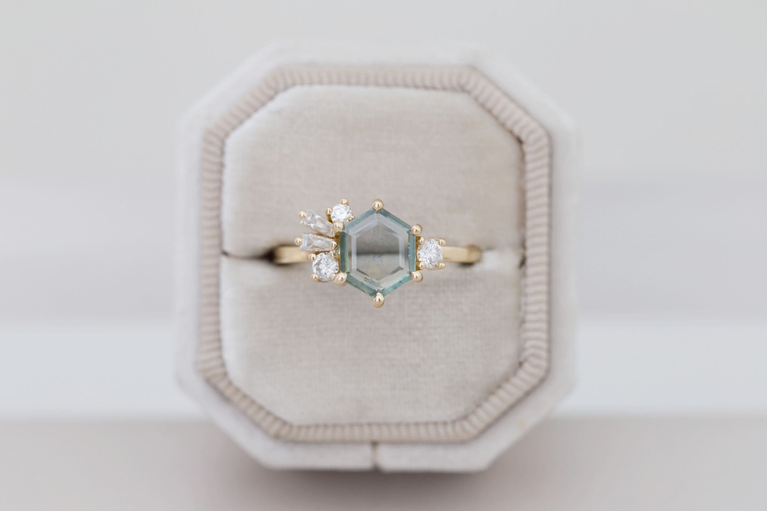 Solana Ring | Mint Montana Hexagon Sapphire + Diamond Cluster Engagement Ring 1.42 ct | 14k Recycled Gold | One of a Kind