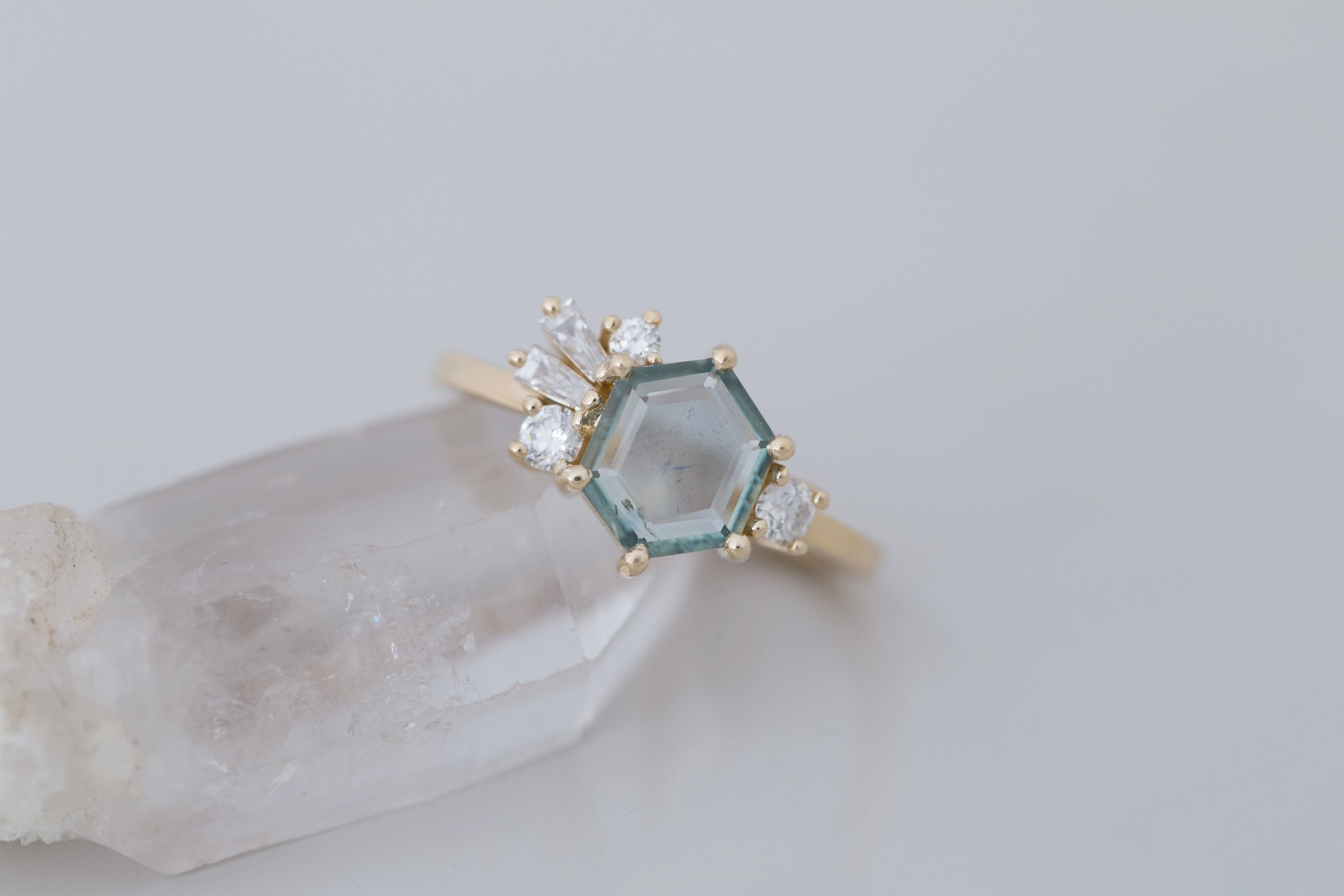 Solana Ring | Mint Montana Hexagon Sapphire + Diamond Cluster Engagement Ring 1.42 ct | 14k Recycled Gold | One of a Kind