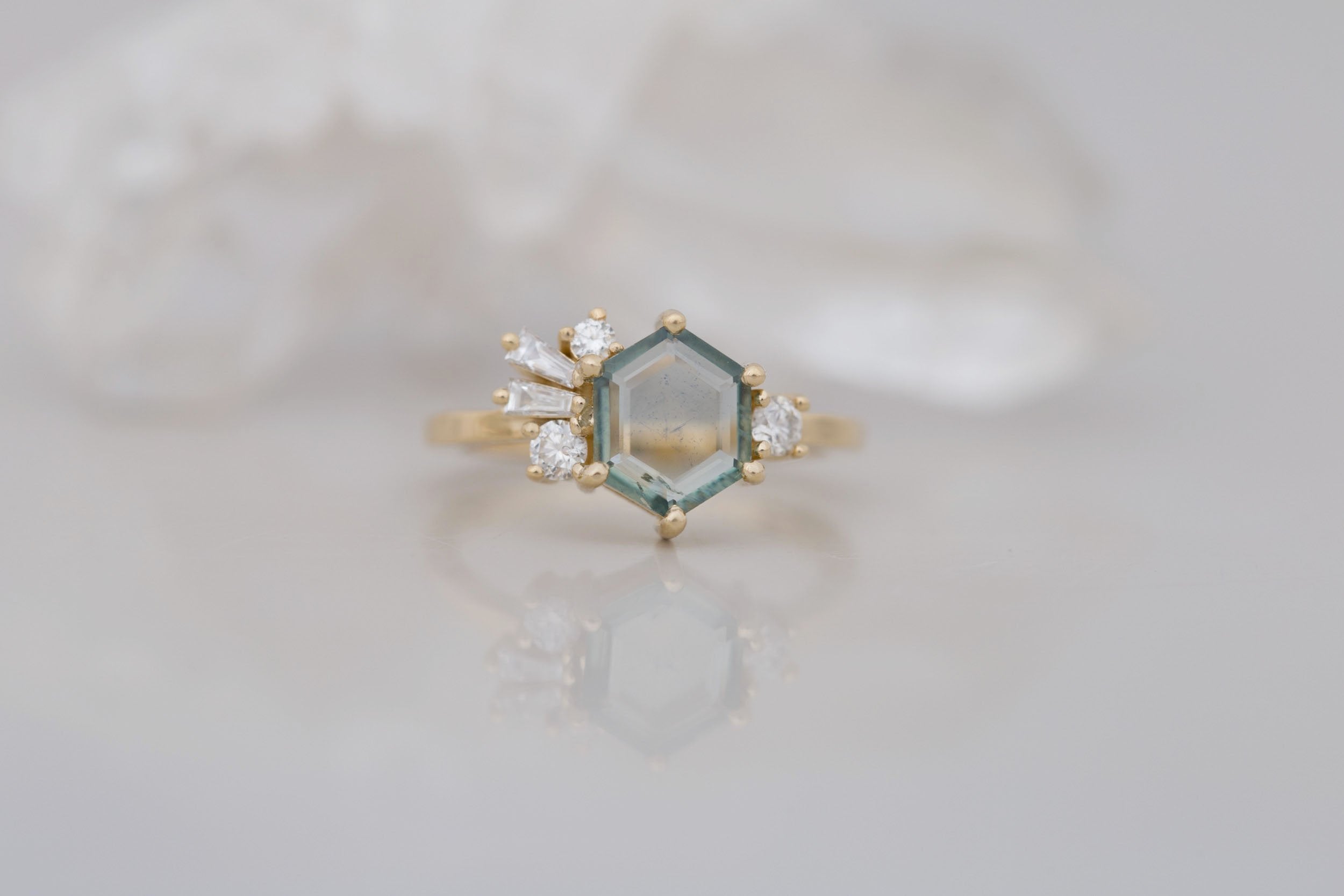 Solana Ring | Mint Montana Hexagon Sapphire + Diamond Cluster Engagement Ring 1.42 ct | 14k Recycled Gold | One of a Kind