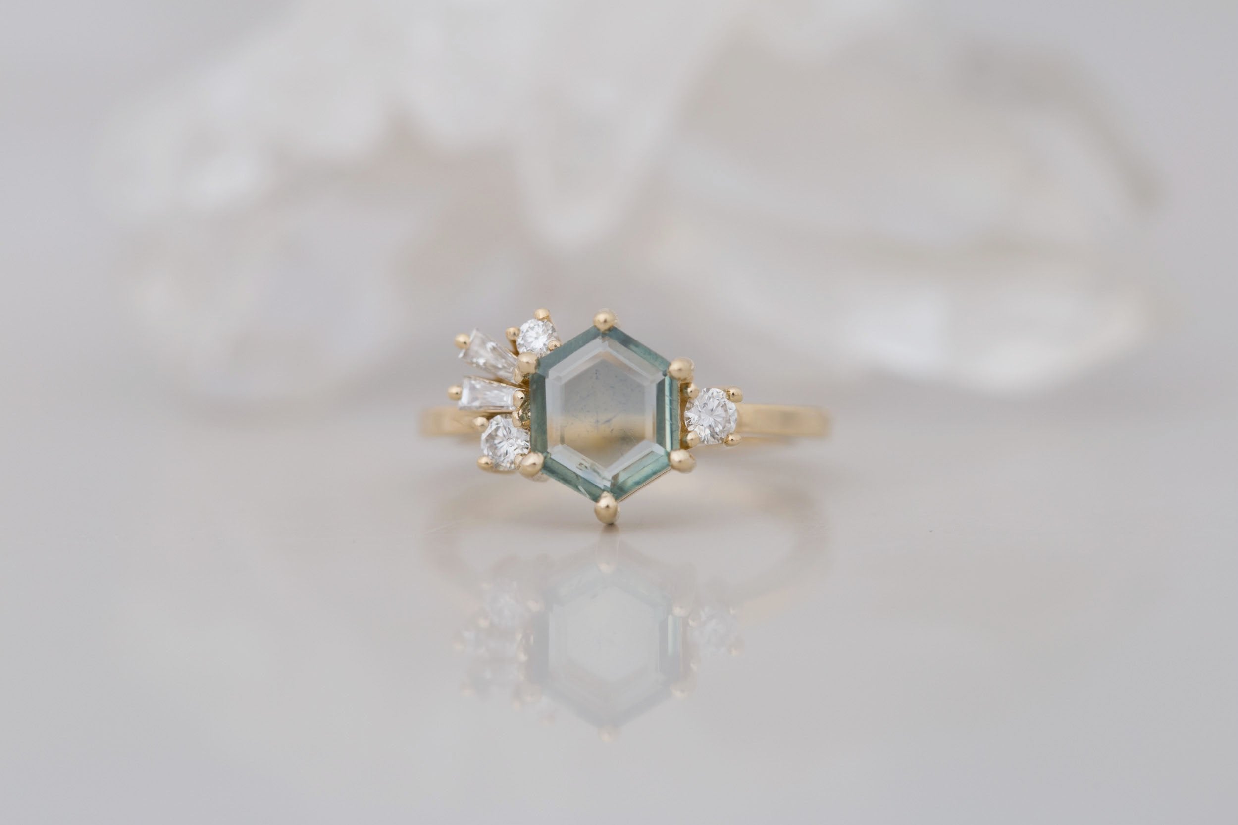 Solana Ring | Mint Montana Hexagon Sapphire + Diamond Cluster Engagement Ring 1.42 ct | 14k Recycled Gold | One of a Kind