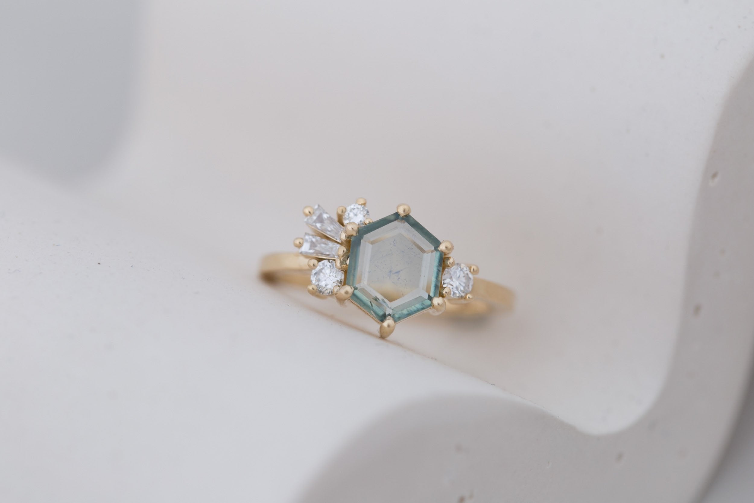 Solana Ring | Mint Montana Hexagon Sapphire + Diamond Cluster Engagement Ring 1.42 ct | 14k Recycled Gold | One of a Kind