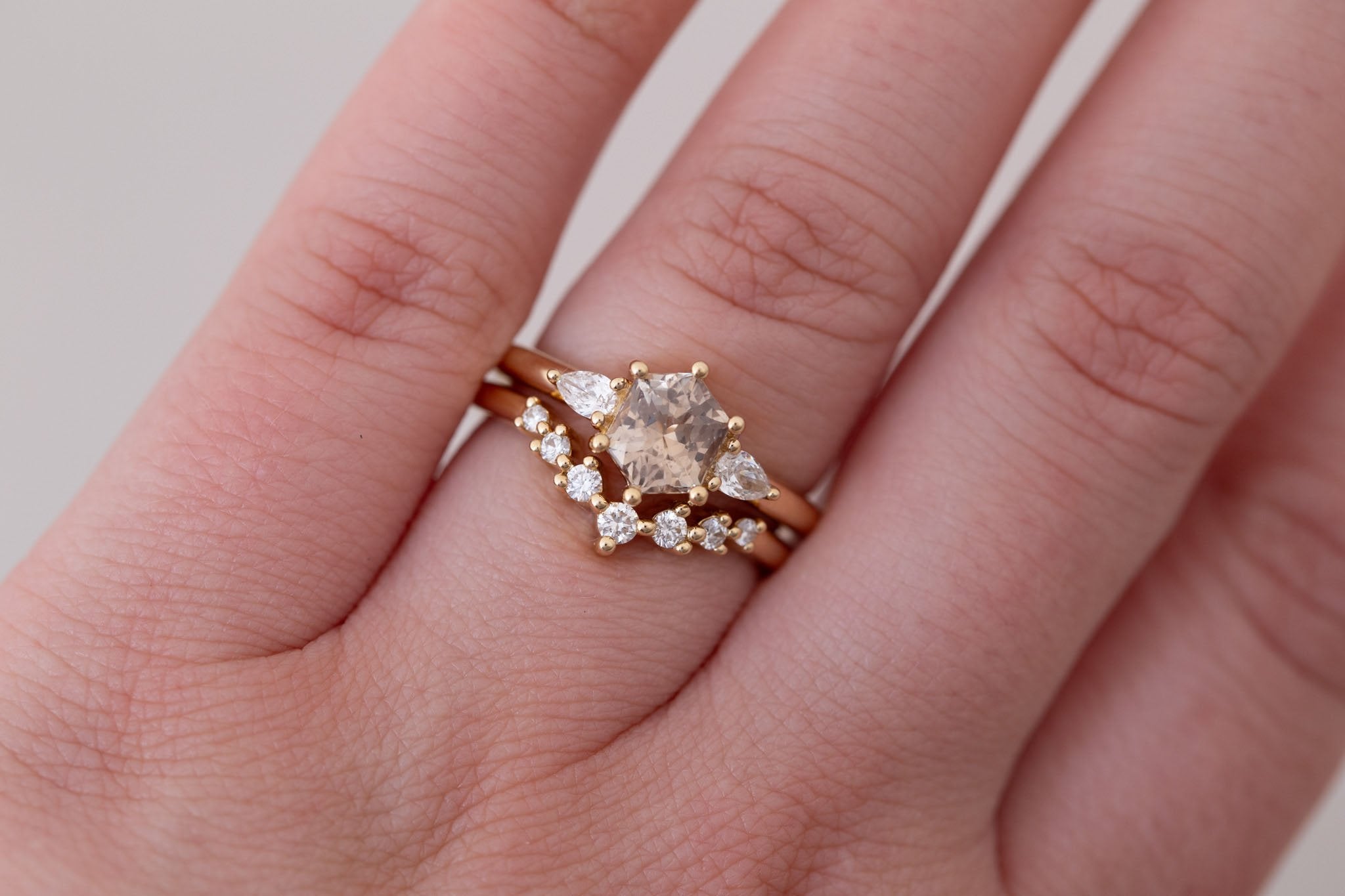 Iris Ring | Champagne Hexagon Sapphire + Pear Diamond Accent Engagement Ring 1.44 ct | 14k Recycled Gold | One of a Kind