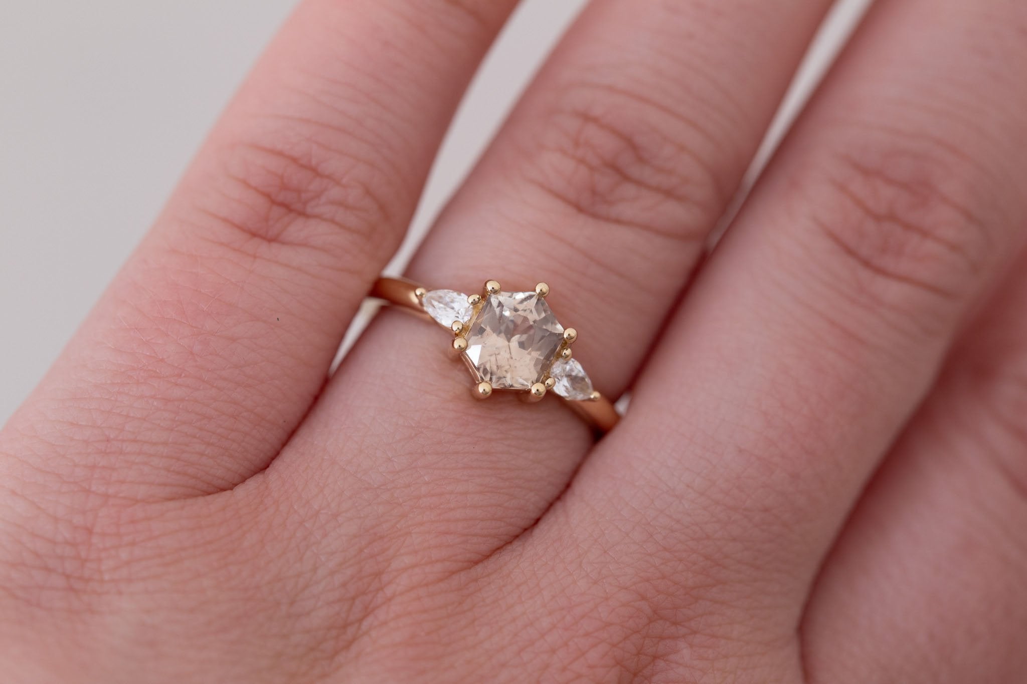 Iris Ring | Champagne Hexagon Sapphire + Pear Diamond Accent Engagement Ring 1.44 ct | 14k Recycled Gold | One of a Kind