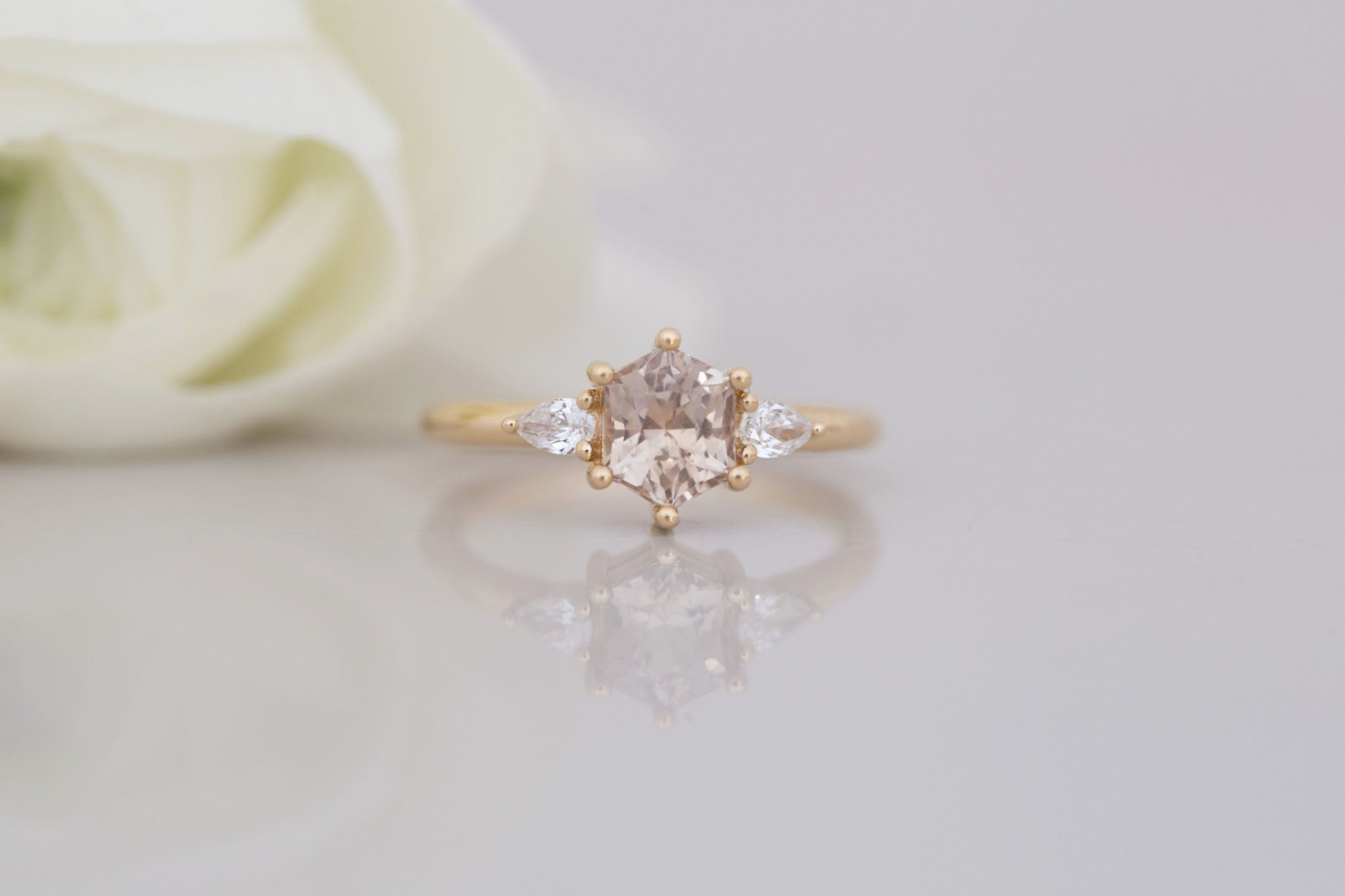 Iris Ring | Champagne Hexagon Sapphire + Pear Diamond Accent Engagement Ring 1.44 ct | 14k Recycled Gold | One of a Kind