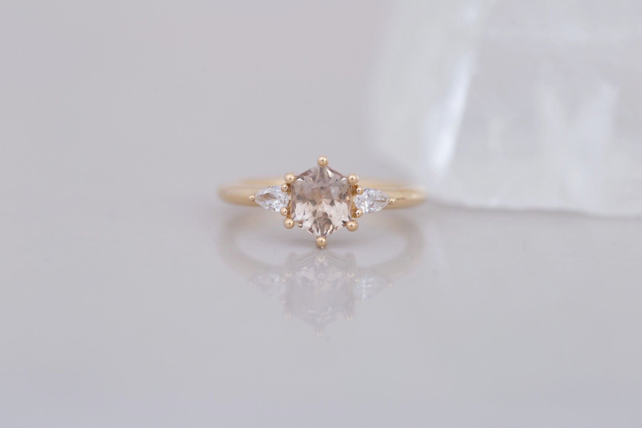 Iris Ring | Champagne Hexagon Sapphire + Pear Diamond Accent Engagement Ring 1.44 ct | 14k Recycled Gold | One of a Kind