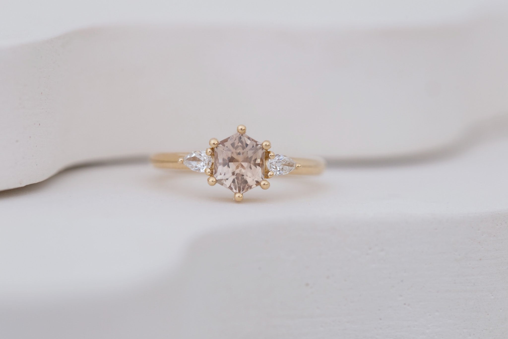 Iris Ring | Champagne Hexagon Sapphire + Pear Diamond Accent Engagement Ring 1.44 ct | 14k Recycled Gold | One of a Kind