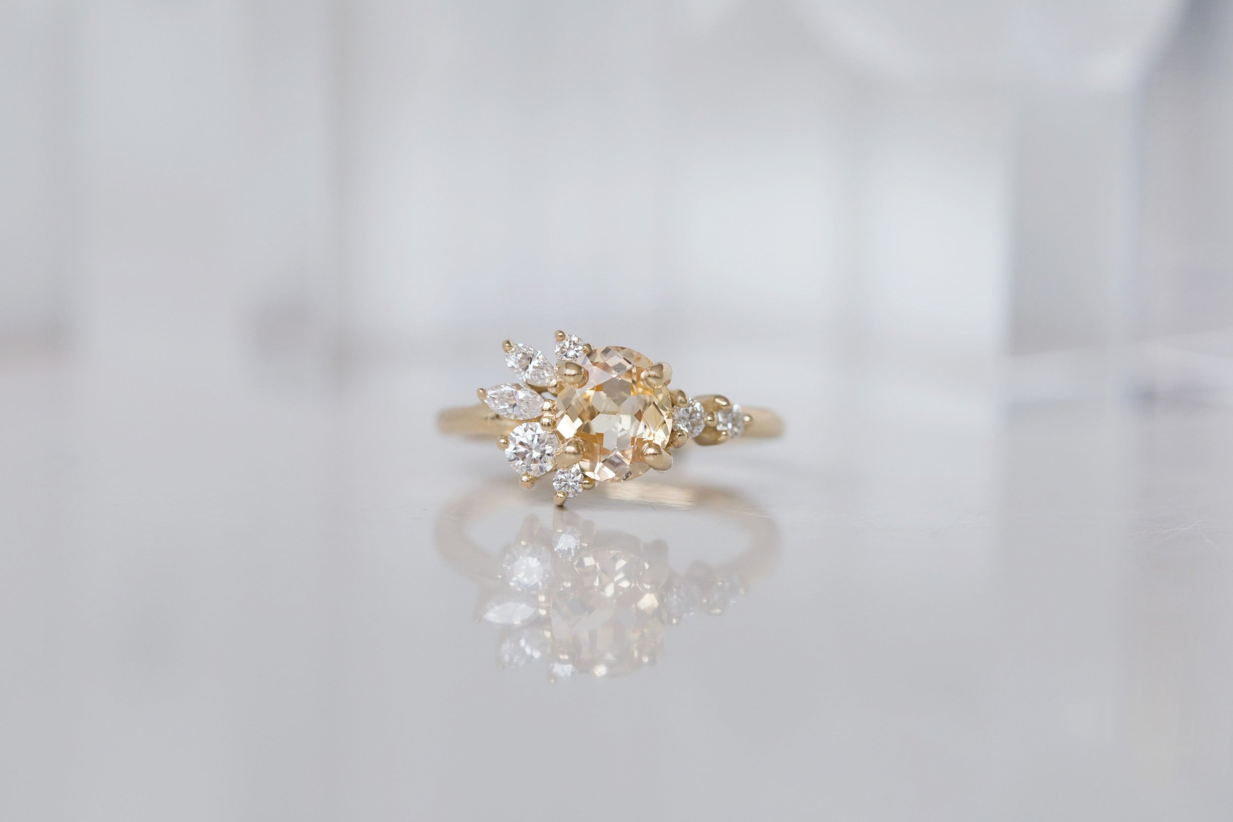 Ambretta Ring | Apricot Sapphire + Diamond Cluster Engagement Ring 1.45 ct | 14k Recycled Gold | One of a Kind