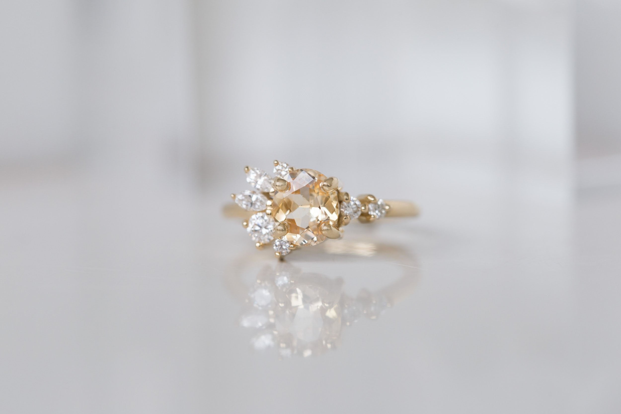 Ambretta Ring | Apricot Sapphire + Diamond Cluster Engagement Ring 1.45 ct | 14k Recycled Gold | One of a Kind