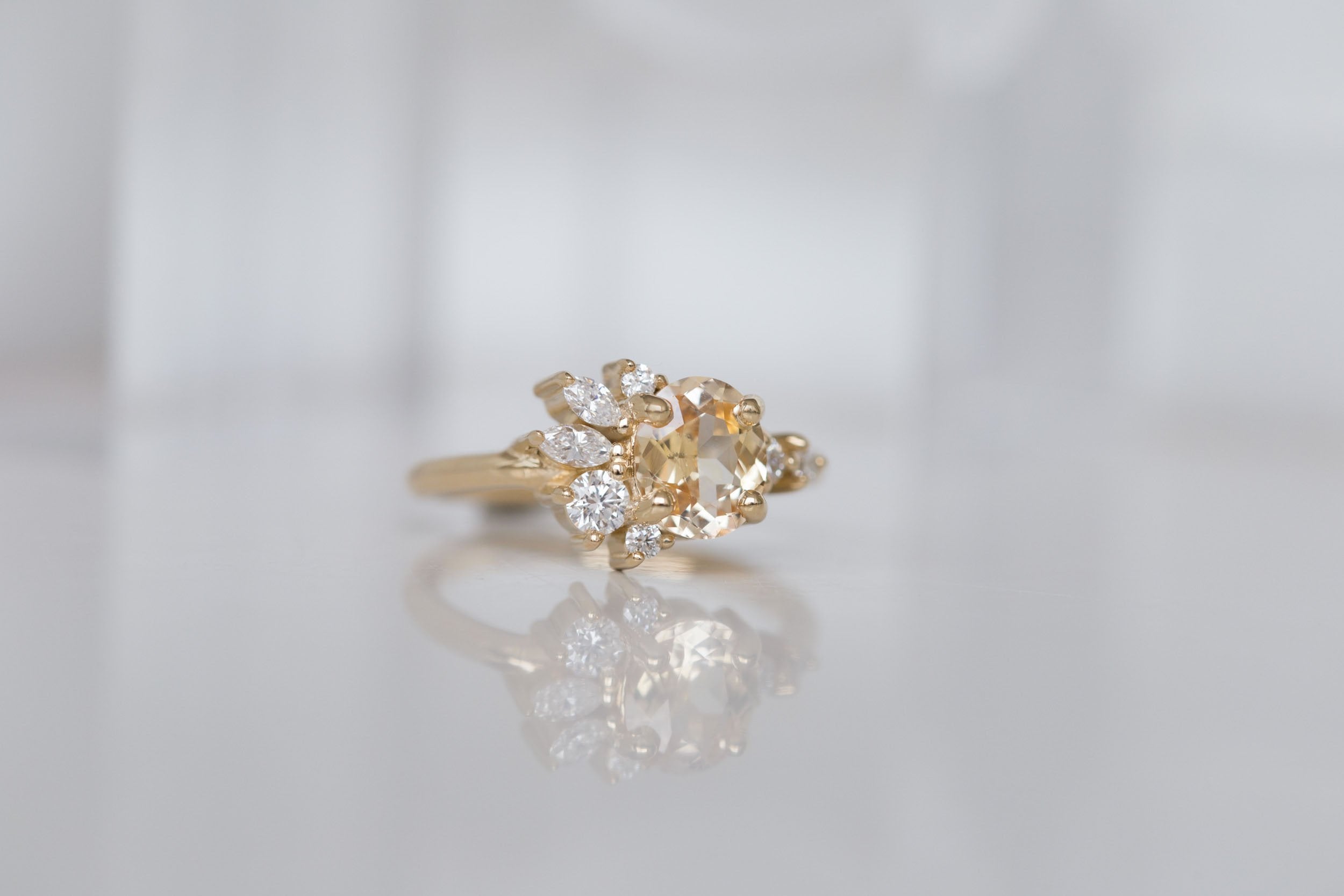 Ambretta Ring | Apricot Sapphire + Diamond Cluster Engagement Ring 1.45 ct | 14k Recycled Gold | One of a Kind