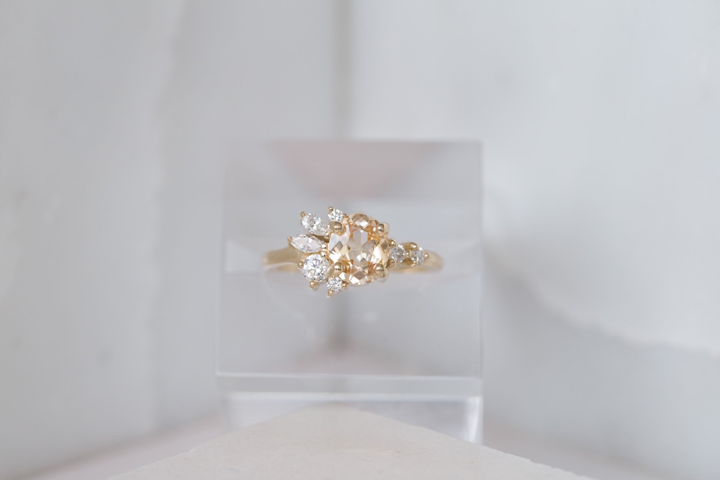 Ambretta Ring | Apricot Sapphire + Diamond Cluster Engagement Ring 1.45 ct | 14k Recycled Gold | One of a Kind