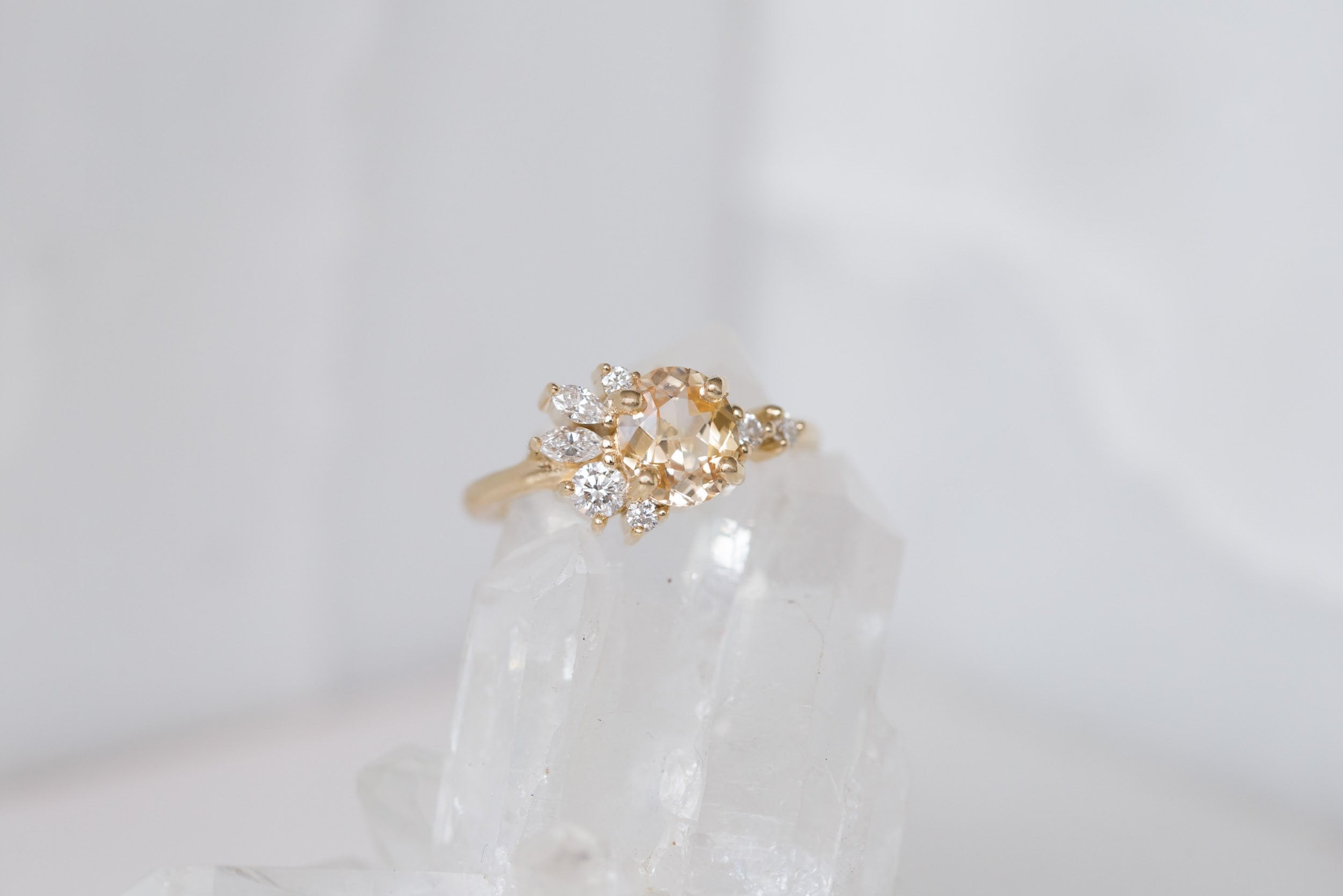 Ambretta Ring | Apricot Sapphire + Diamond Cluster Engagement Ring 1.45 ct | 14k Recycled Gold | One of a Kind