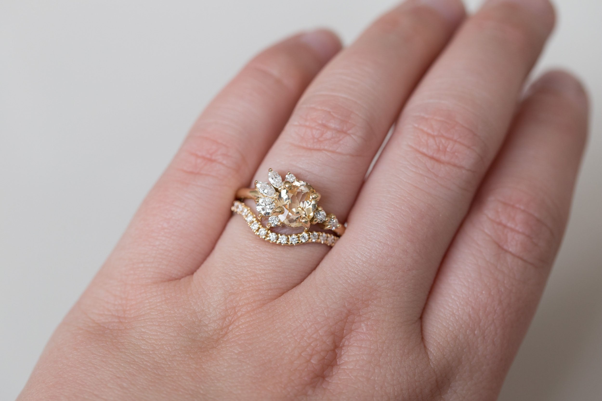 Ambretta Ring | Apricot Sapphire + Diamond Cluster Engagement Ring 1.45 ct | 14k Recycled Gold | One of a Kind