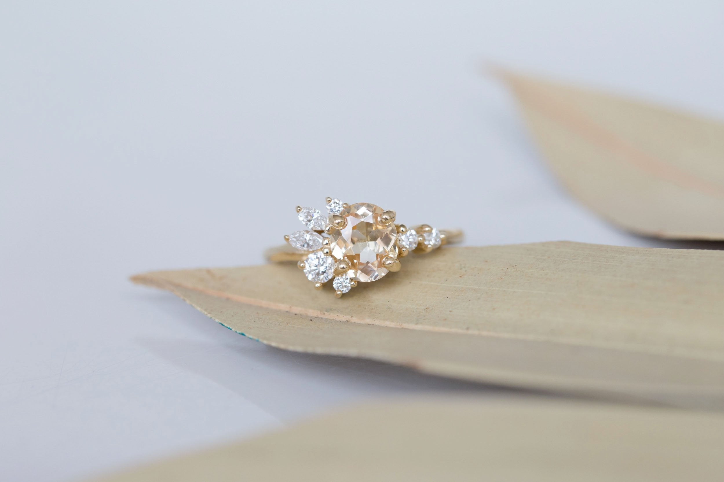 Ambretta Ring | Apricot Sapphire + Diamond Cluster Engagement Ring 1.45 ct | 14k Recycled Gold | One of a Kind