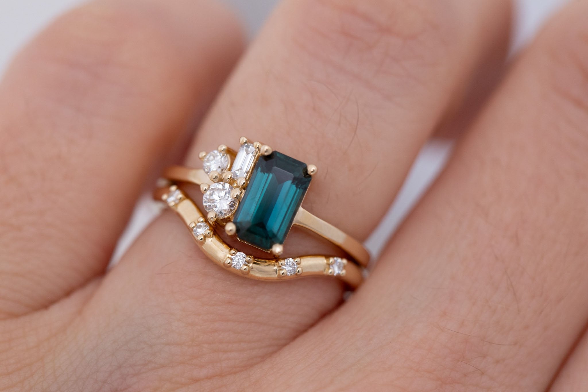 Emory Ring | Teal Sapphire + Baguette and Round Diamond Cluster Engagement Ring 1.45 ct | 14k Recycled Gold | One of a Kind