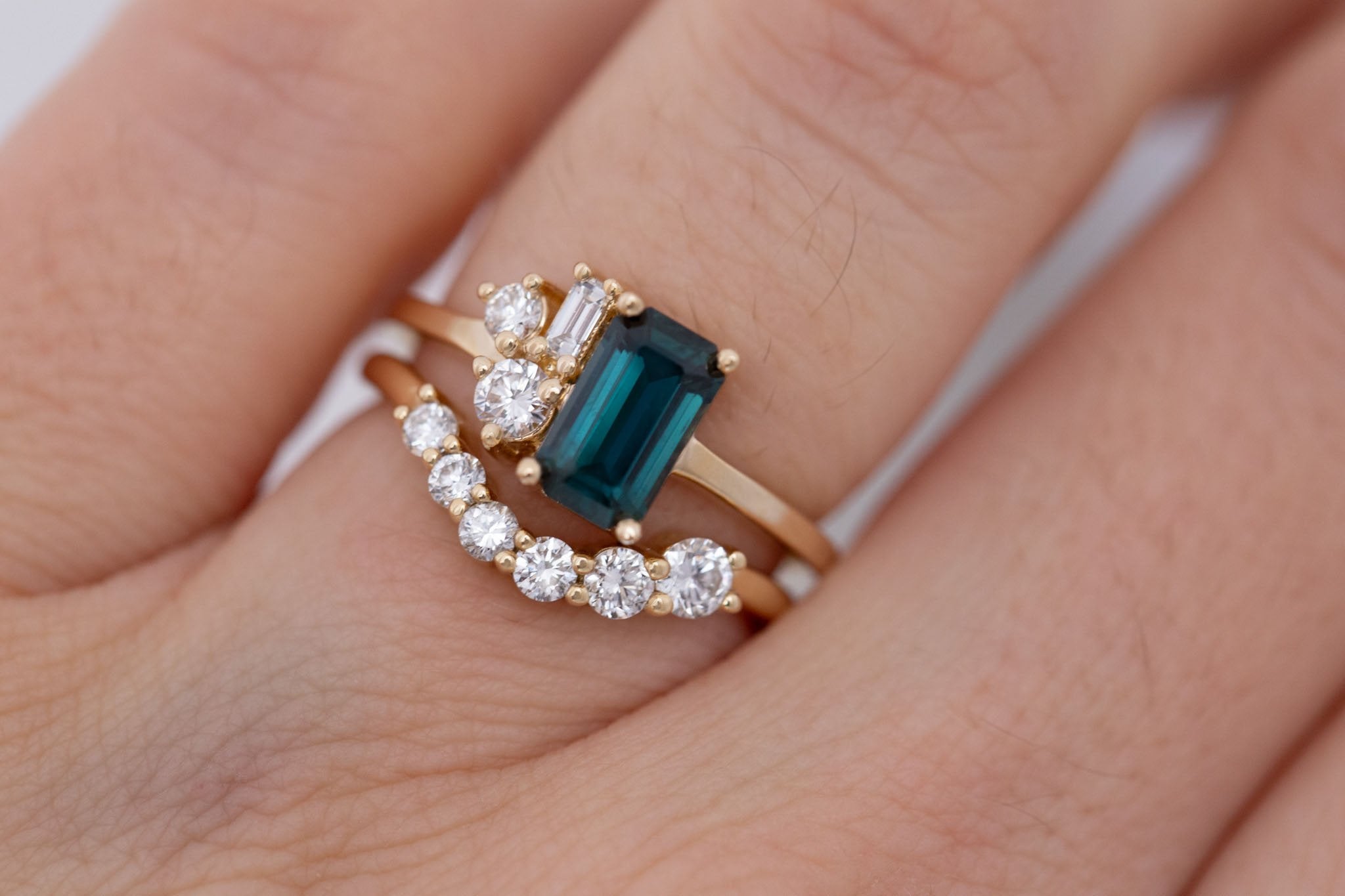 Emory Ring | Teal Sapphire + Baguette and Round Diamond Cluster Engagement Ring 1.45 ct | 14k Recycled Gold | One of a Kind