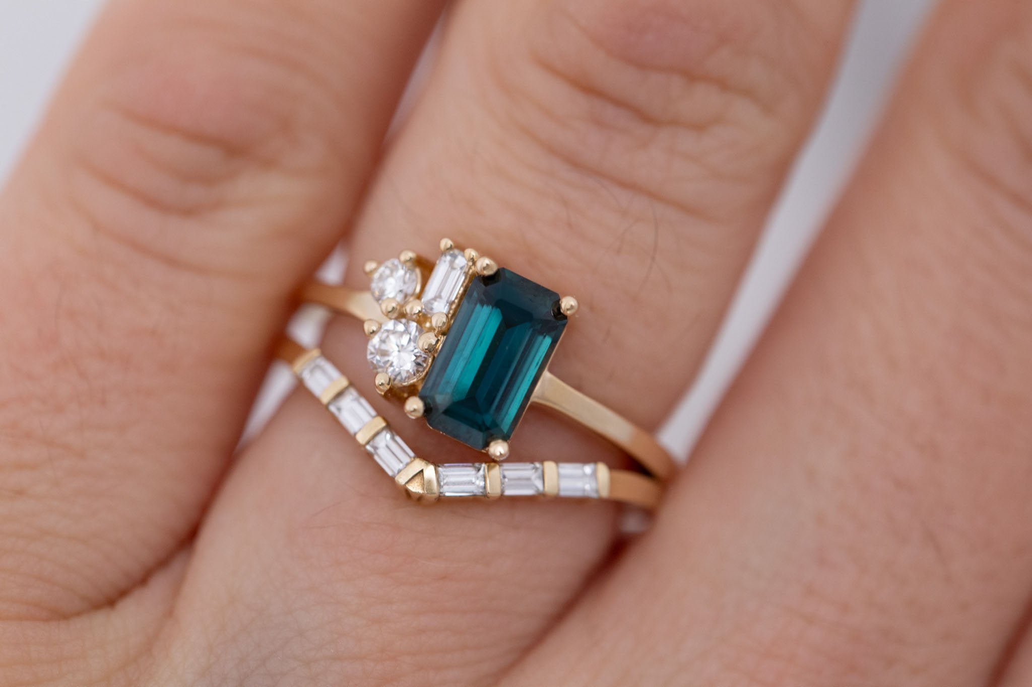 Emory Ring | Teal Sapphire + Baguette and Round Diamond Cluster Engagement Ring 1.45 ct | 14k Recycled Gold | One of a Kind