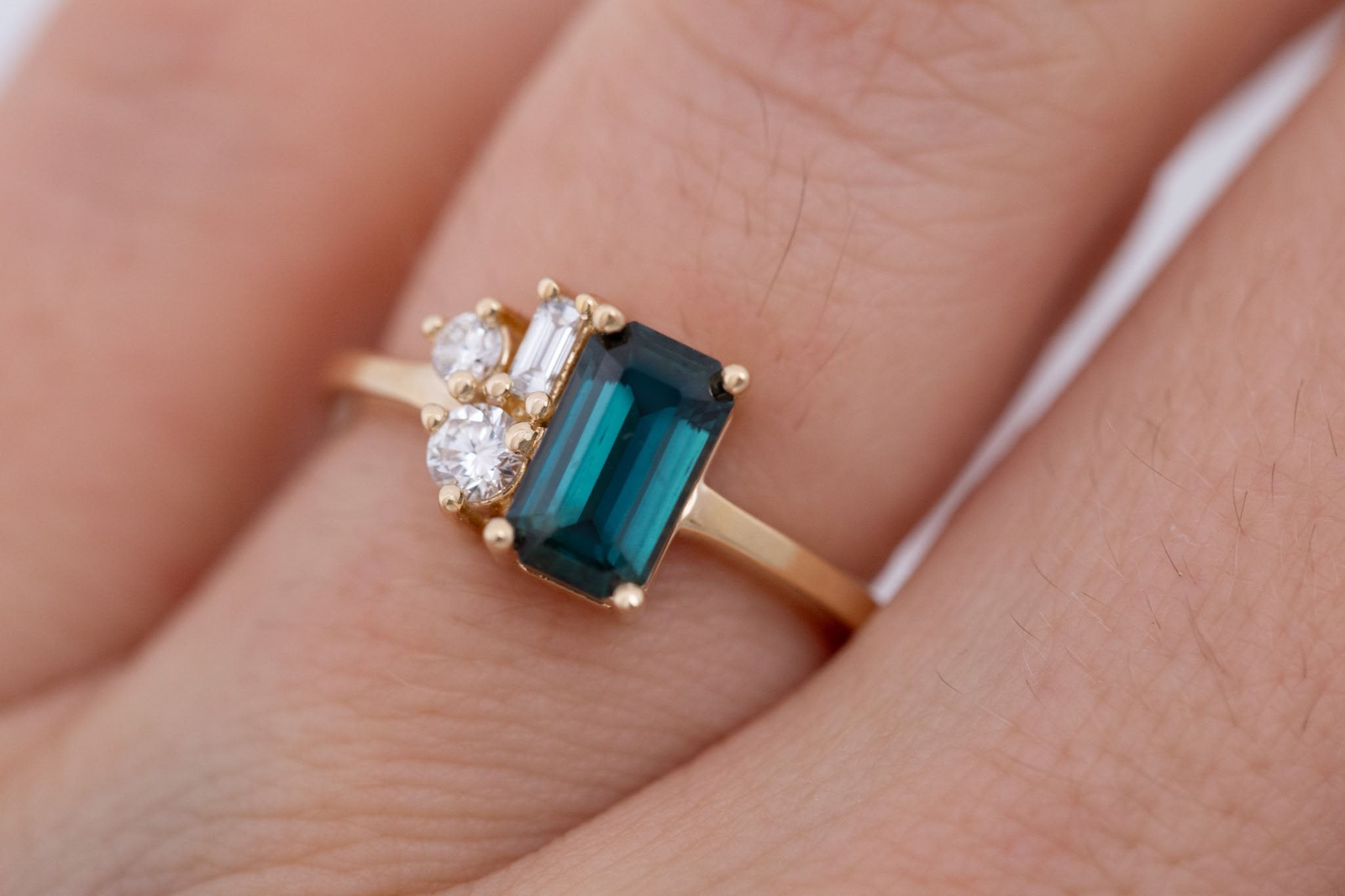 Emory Ring | Teal Sapphire + Baguette and Round Diamond Cluster Engagement Ring 1.45 ct | 14k Recycled Gold | One of a Kind