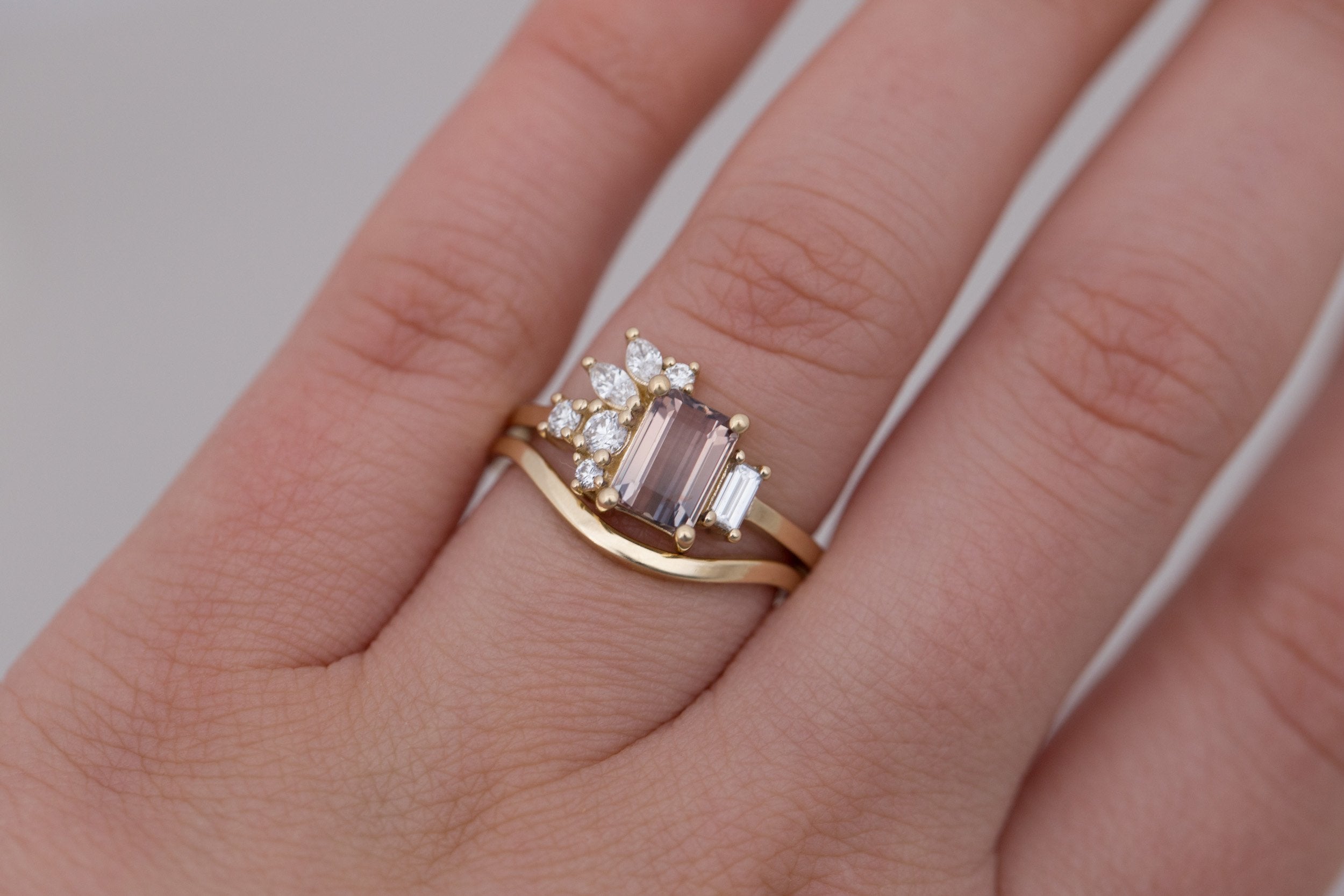 Iona Ring | Bicolor Emerald Cut Sapphire + Diamond Cluster Engagement Ring 1.46 ct | 14k Recycled Gold | One of a Kind
