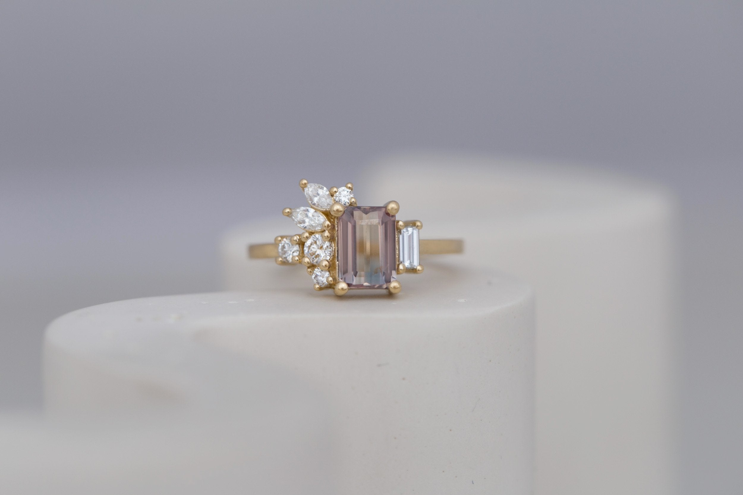 Iona Ring | Bicolor Emerald Cut Sapphire + Diamond Cluster Engagement Ring 1.46 ct | 14k Recycled Gold | One of a Kind