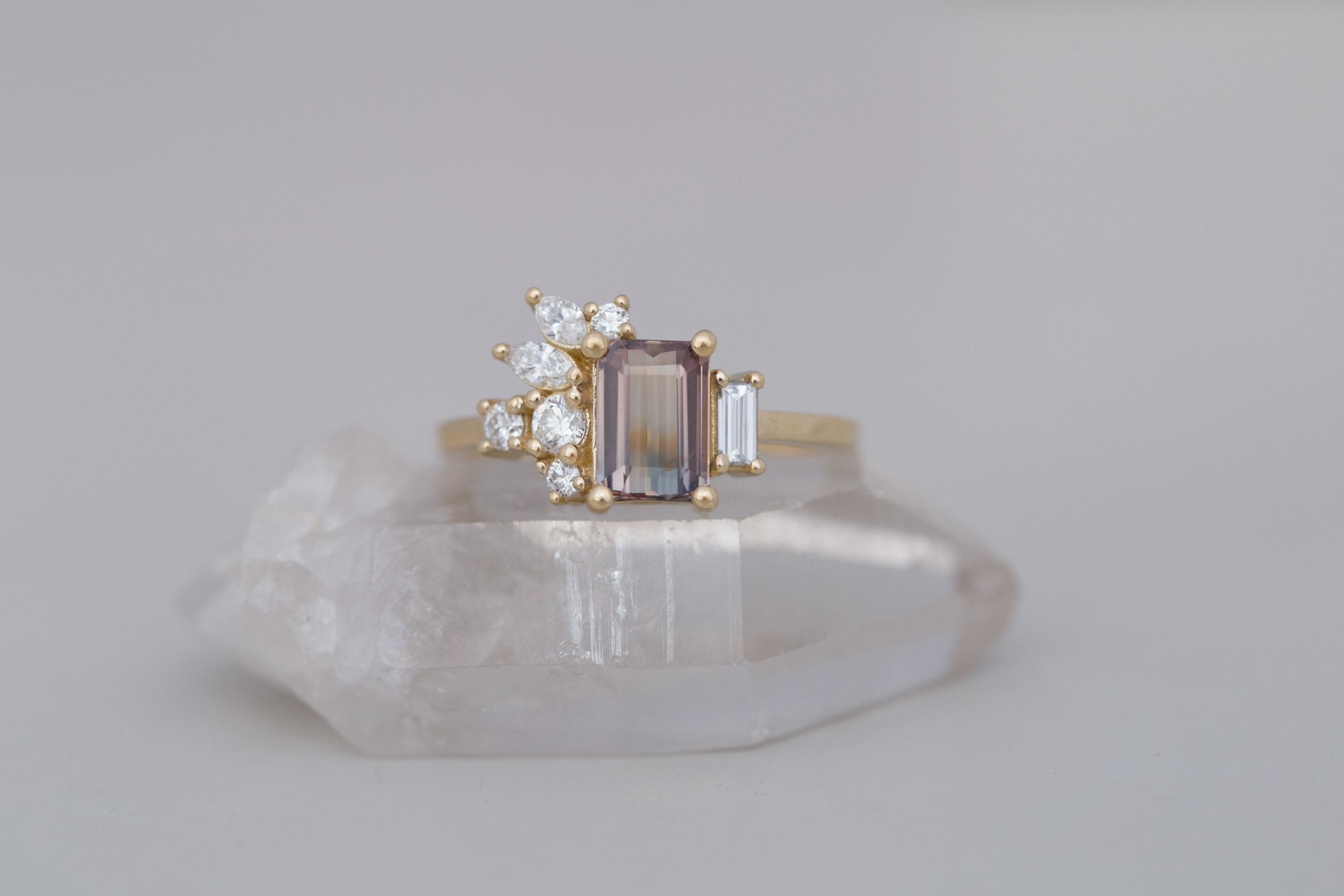 Iona Ring | Bicolor Emerald Cut Sapphire + Diamond Cluster Engagement Ring 1.46 ct | 14k Recycled Gold | One of a Kind