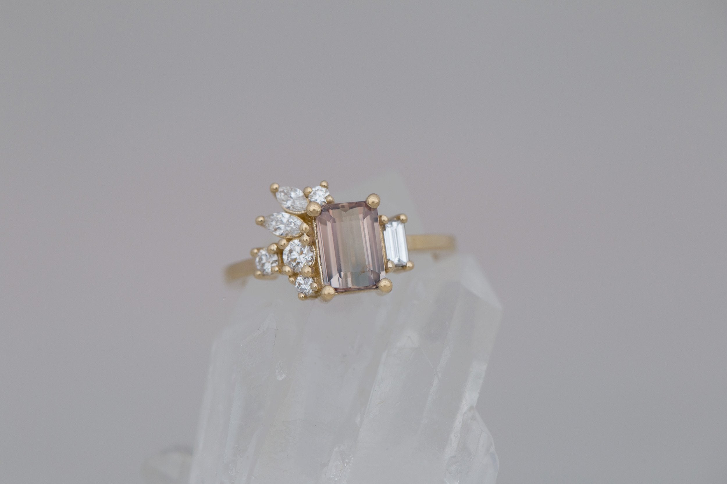 Iona Ring | Bicolor Emerald Cut Sapphire + Diamond Cluster Engagement Ring 1.46 ct | 14k Recycled Gold | One of a Kind