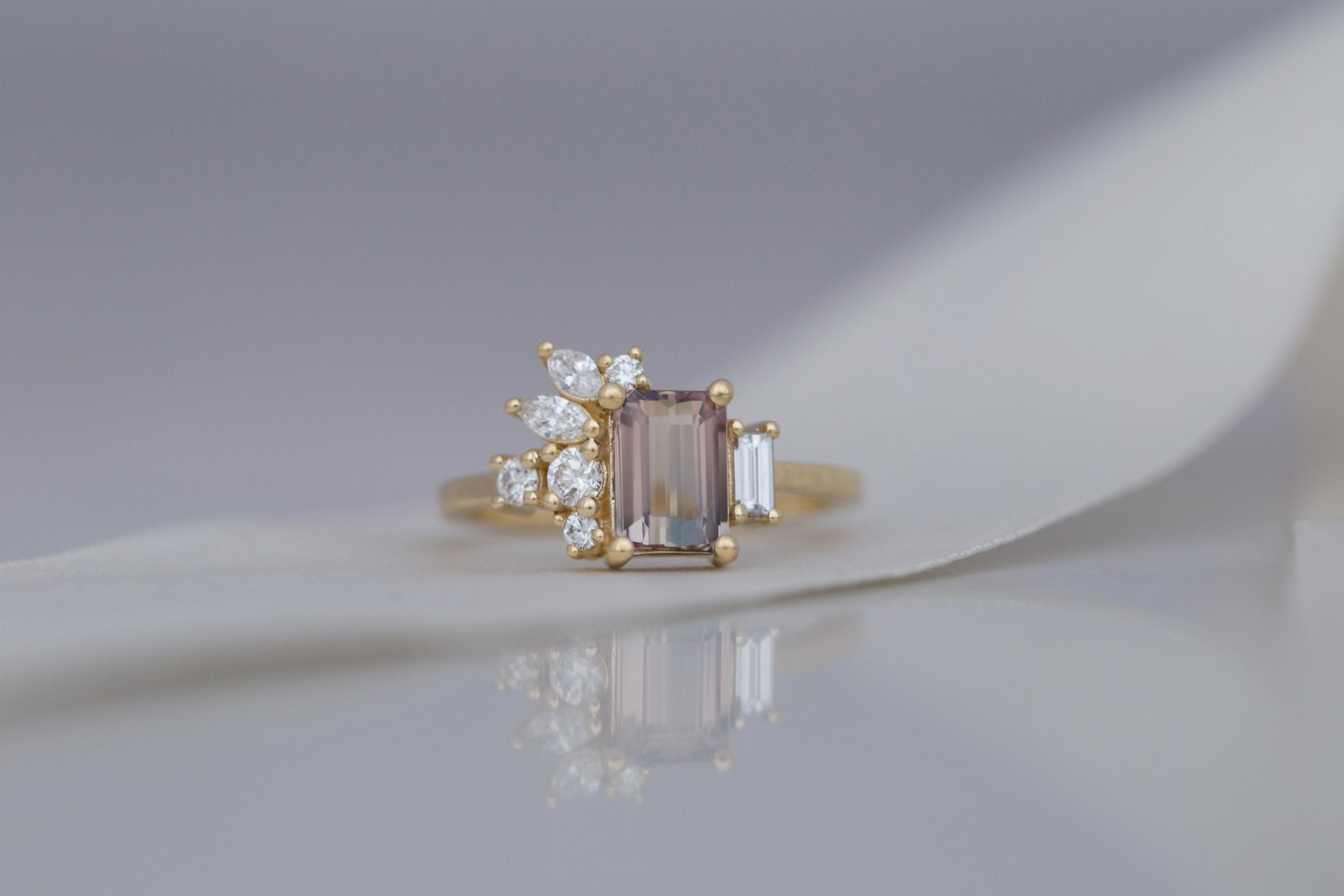 Iona Ring | Bicolor Emerald Cut Sapphire + Diamond Cluster Engagement Ring 1.46 ct | 14k Recycled Gold | One of a Kind