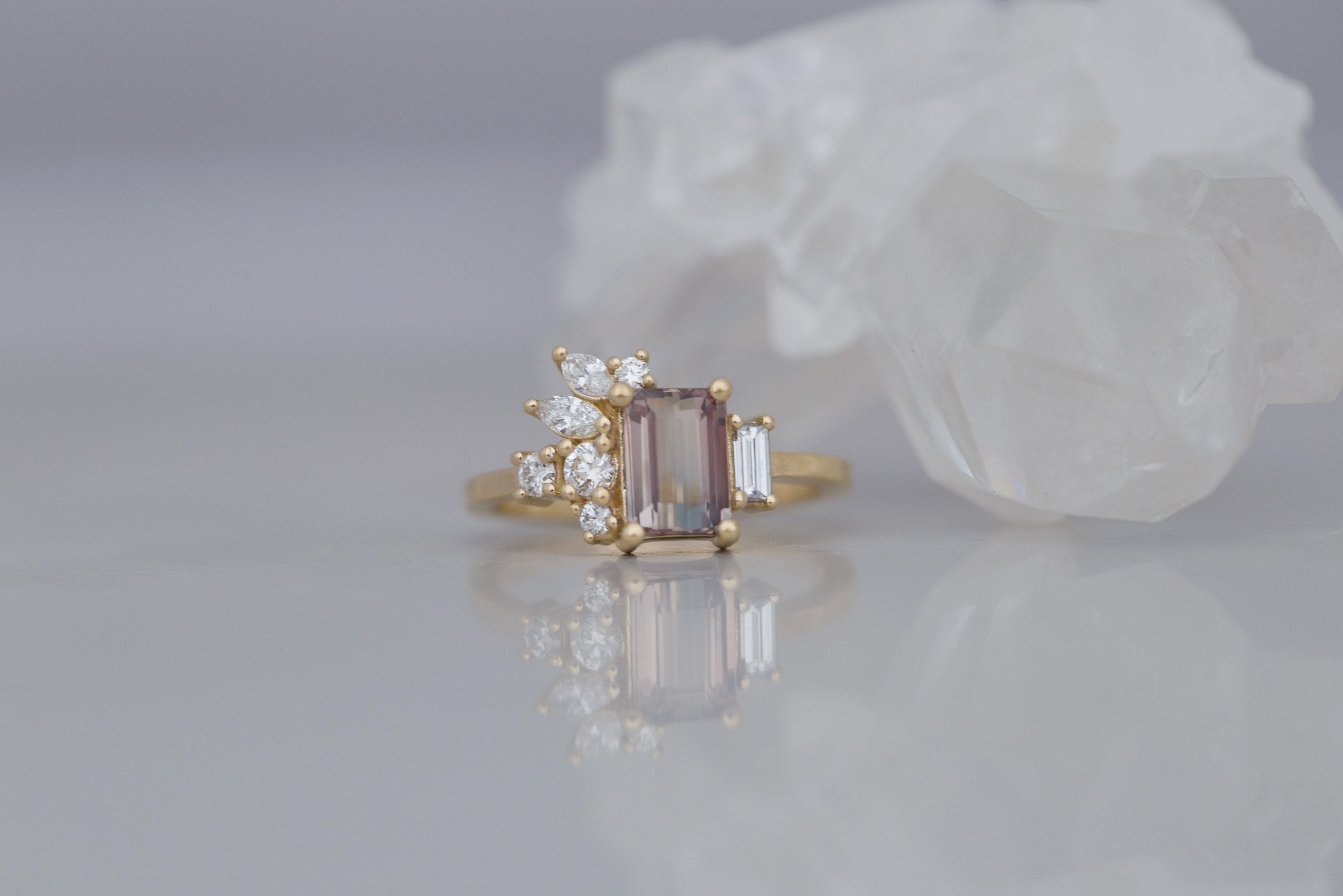 Iona Ring | Bicolor Emerald Cut Sapphire + Diamond Cluster Engagement Ring 1.46 ct | 14k Recycled Gold | One of a Kind