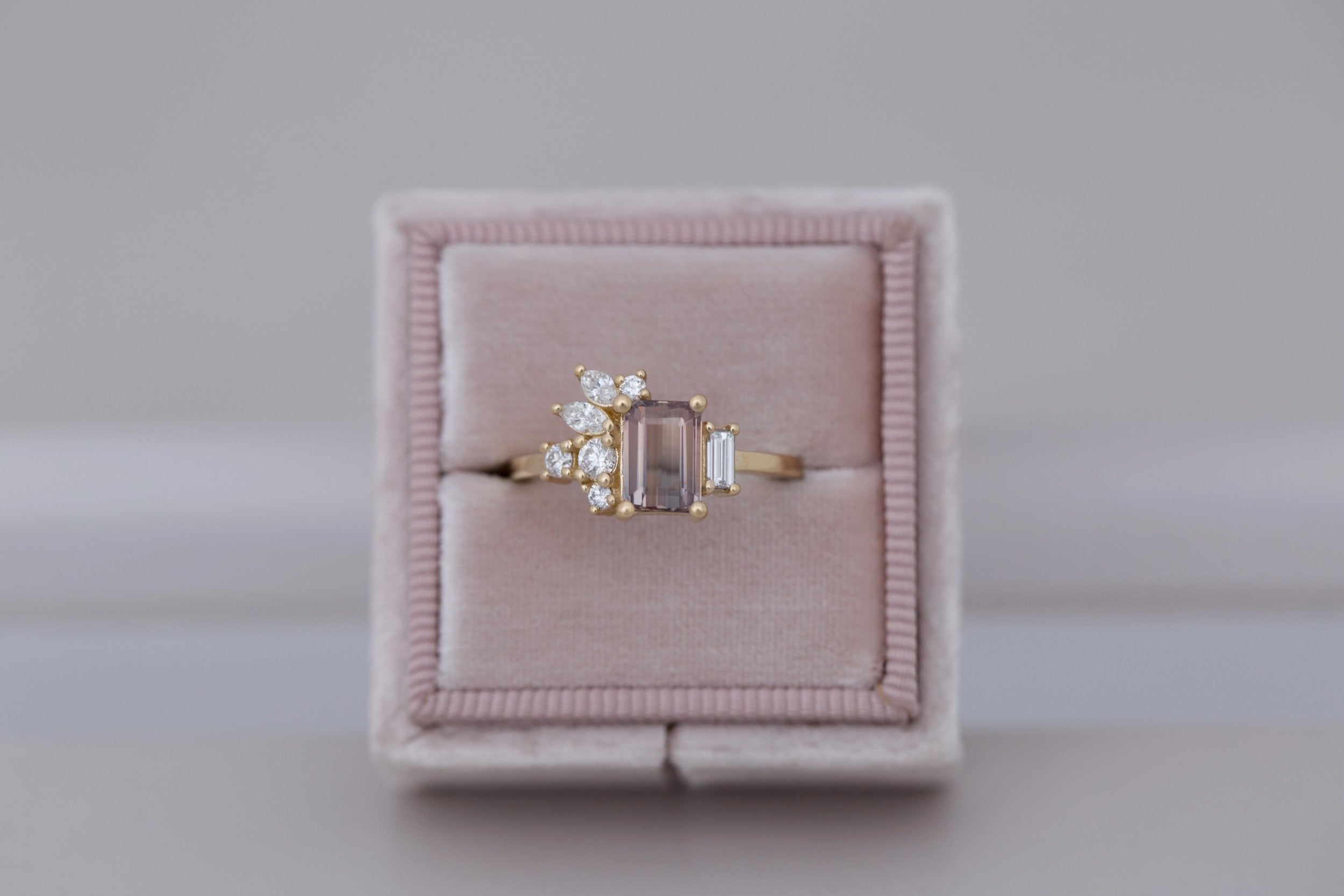 Iona Ring | Bicolor Emerald Cut Sapphire + Diamond Cluster Engagement Ring 1.46 ct | 14k Recycled Gold | One of a Kind