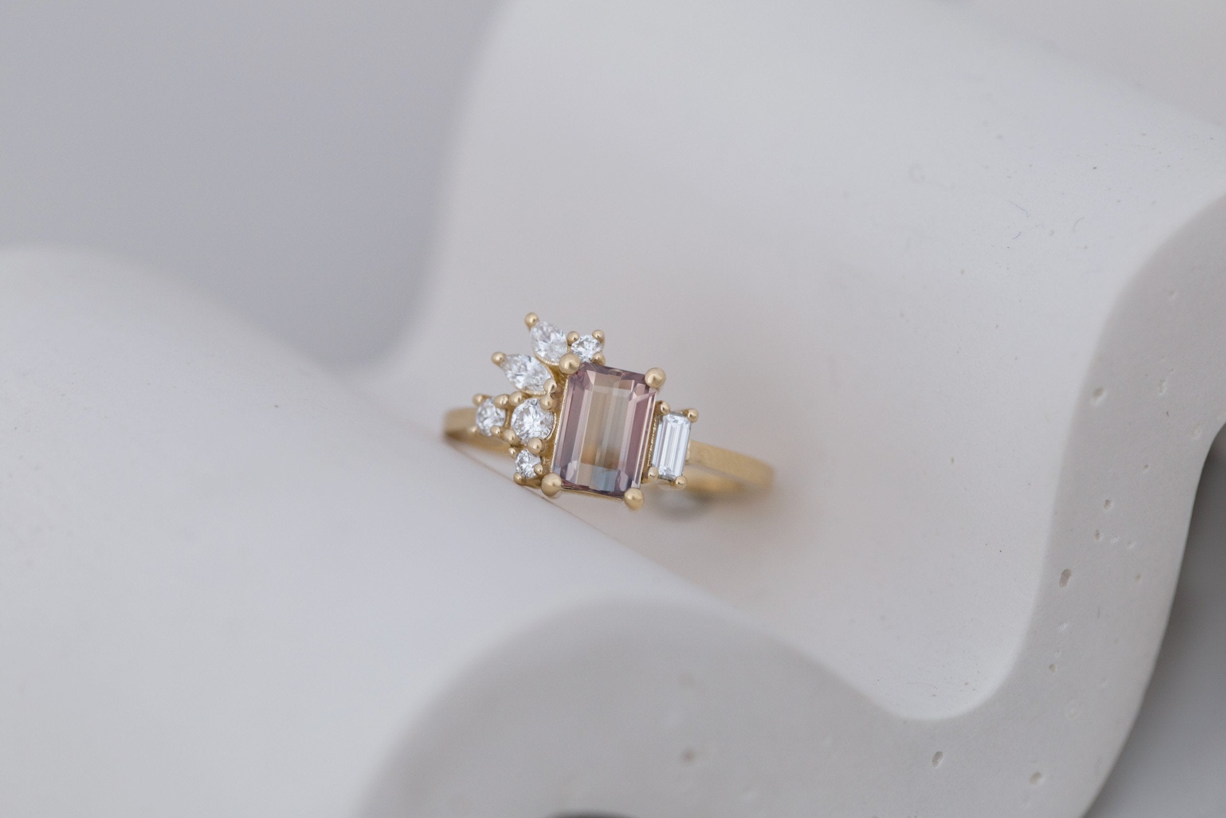 Iona Ring | Bicolor Emerald Cut Sapphire + Diamond Cluster Engagement Ring 1.46 ct | 14k Recycled Gold | One of a Kind