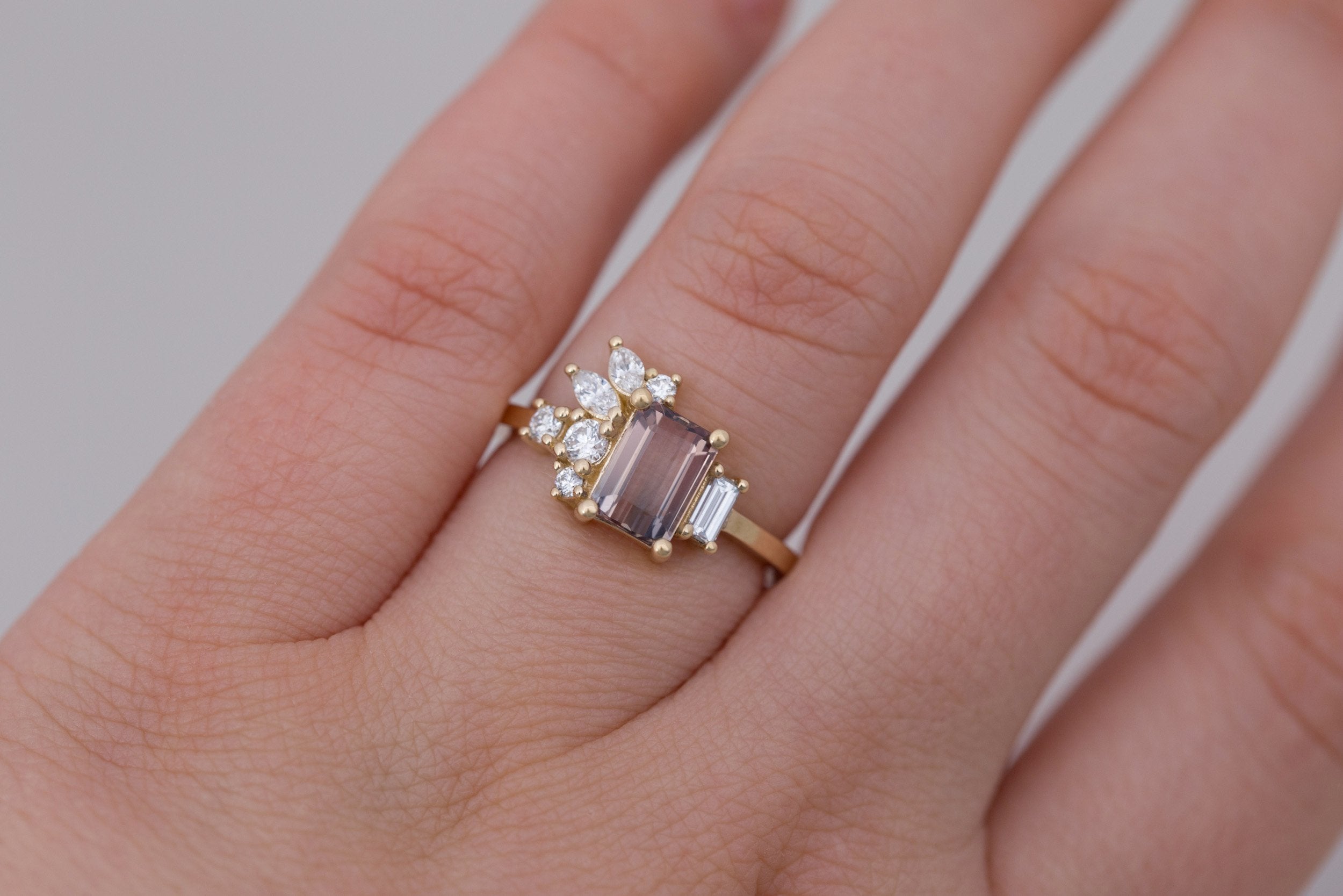 Iona Ring | Bicolor Emerald Cut Sapphire + Diamond Cluster Engagement Ring 1.46 ct | 14k Recycled Gold | One of a Kind