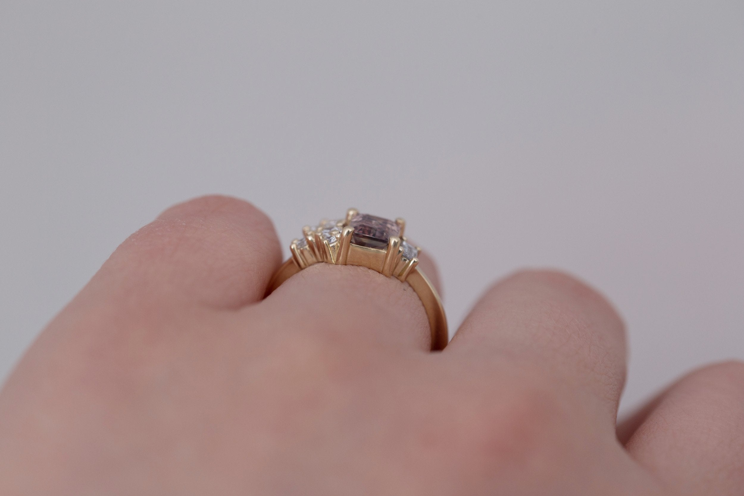 Iona Ring | Bicolor Emerald Cut Sapphire + Diamond Cluster Engagement Ring 1.46 ct | 14k Recycled Gold | One of a Kind