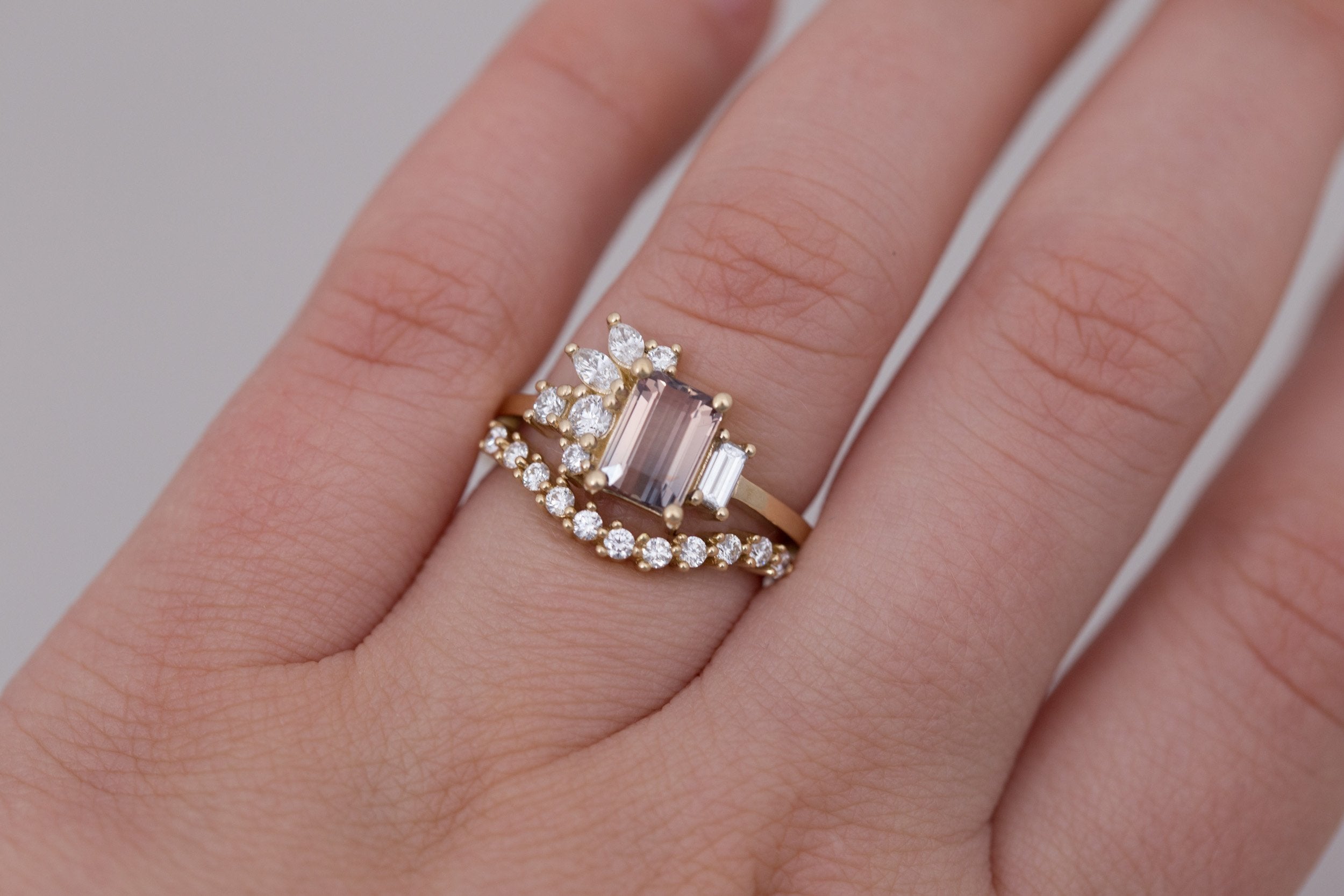 Iona Ring | Bicolor Emerald Cut Sapphire + Diamond Cluster Engagement Ring 1.46 ct | 14k Recycled Gold | One of a Kind
