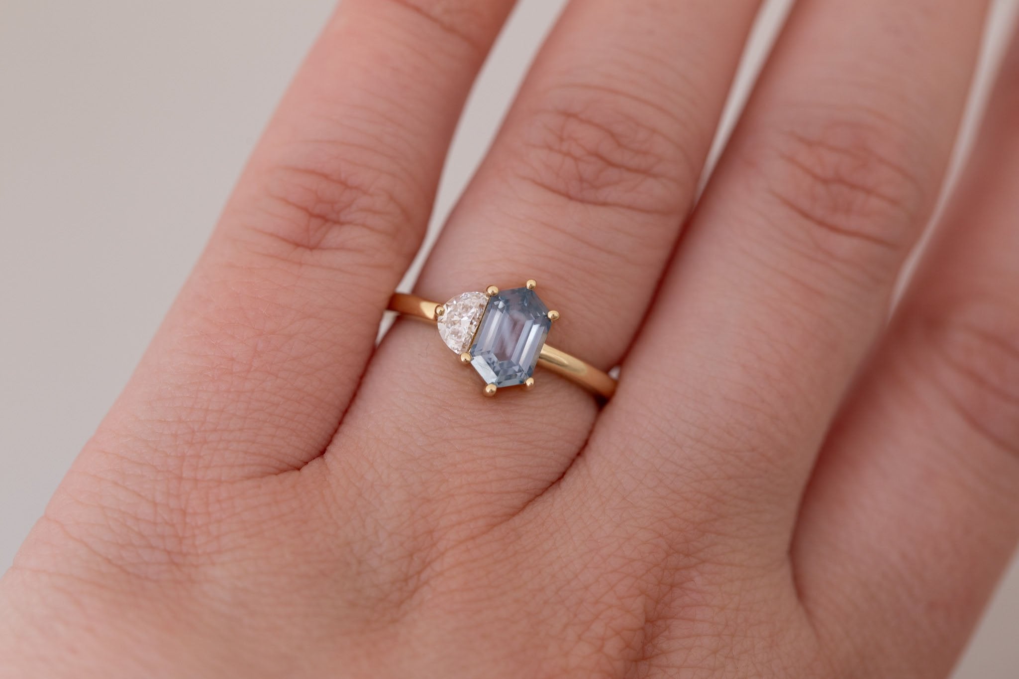 Liana Ring | Grey-Blue Elongated Hexagon Sapphire + Half Moon Diamond Engagement Ring 1.46 ct | 14k Recycled Gold | One of a Kind