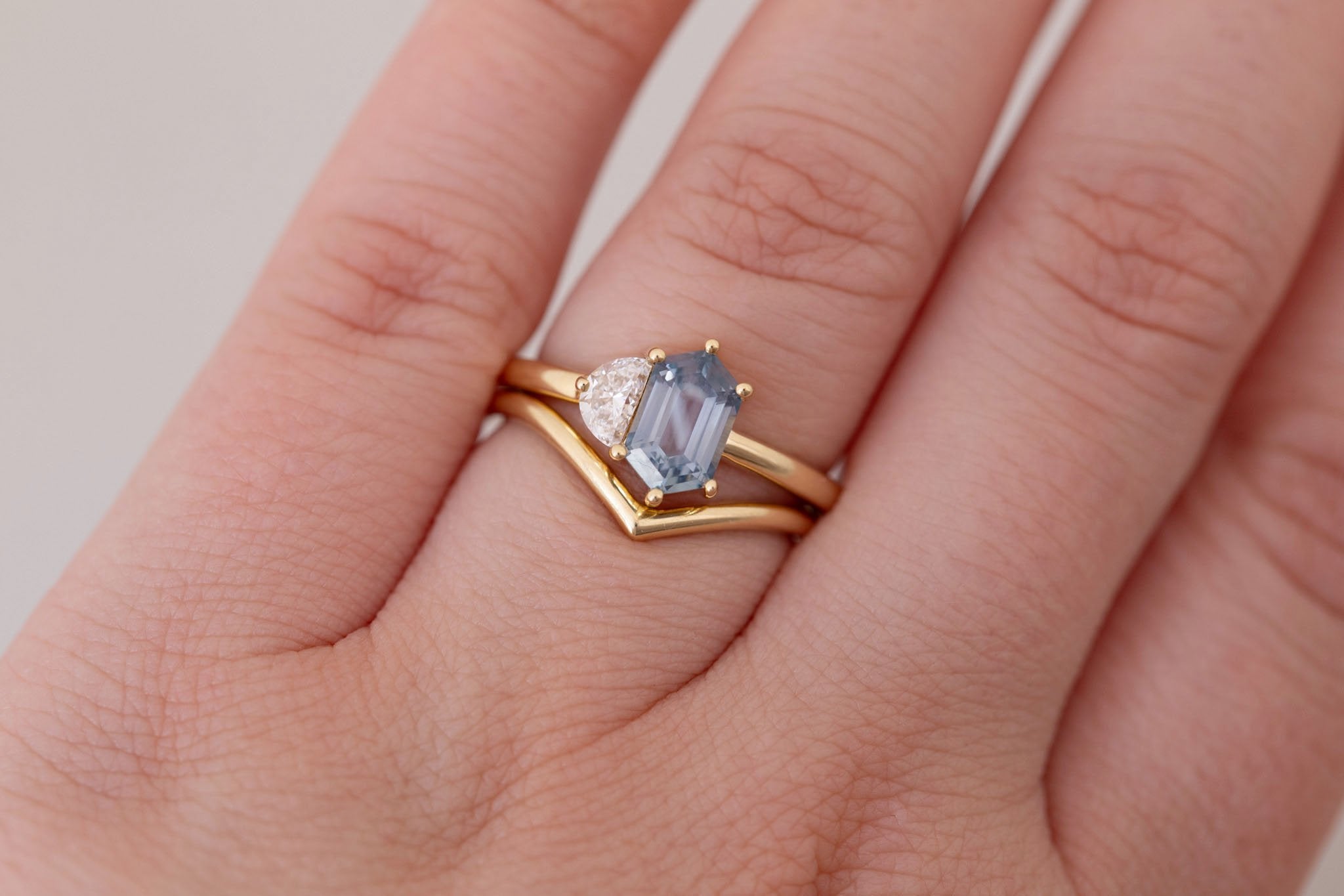 Liana Ring | Grey-Blue Elongated Hexagon Sapphire + Half Moon Diamond Engagement Ring 1.46 ct | 14k Recycled Gold | One of a Kind