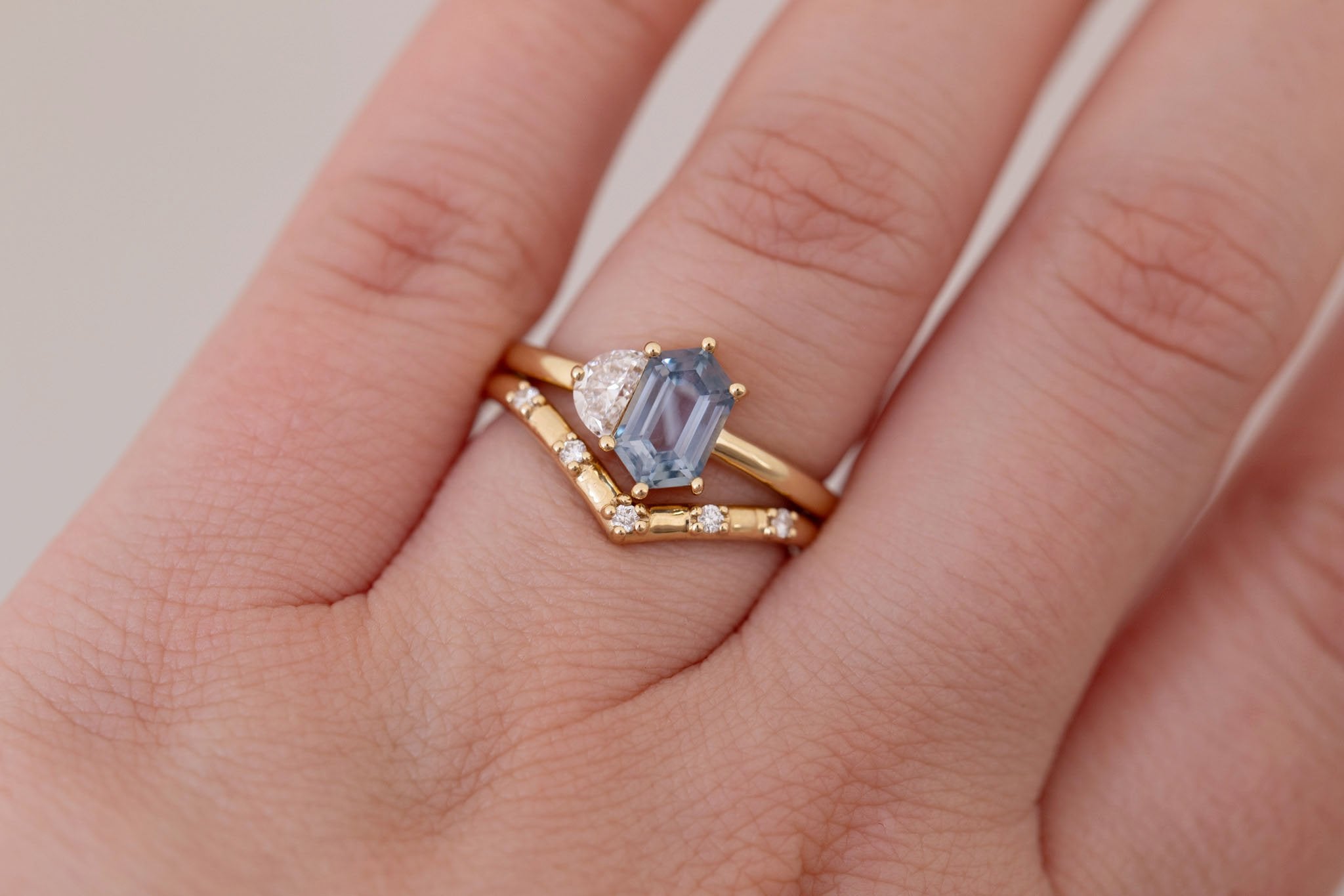 Liana Ring | Grey-Blue Elongated Hexagon Sapphire + Half Moon Diamond Engagement Ring 1.46 ct | 14k Recycled Gold | One of a Kind