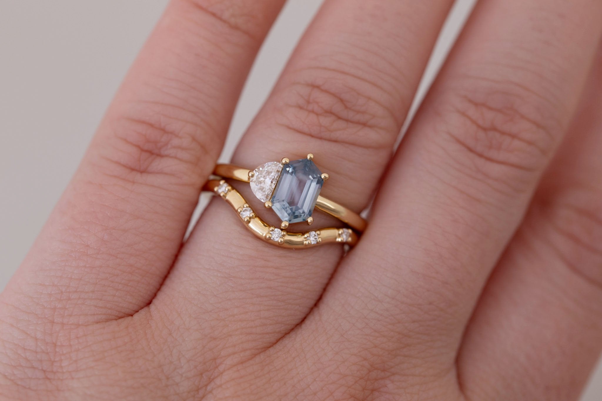 Liana Ring | Grey-Blue Elongated Hexagon Sapphire + Half Moon Diamond Engagement Ring 1.46 ct | 14k Recycled Gold | One of a Kind