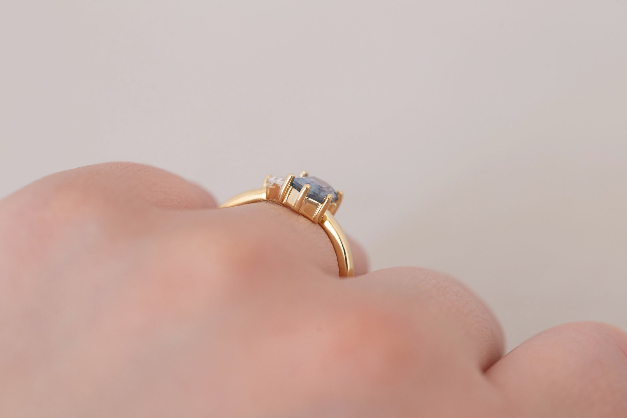 Liana Ring | Grey-Blue Elongated Hexagon Sapphire + Half Moon Diamond Engagement Ring 1.46 ct | 14k Recycled Gold | One of a Kind