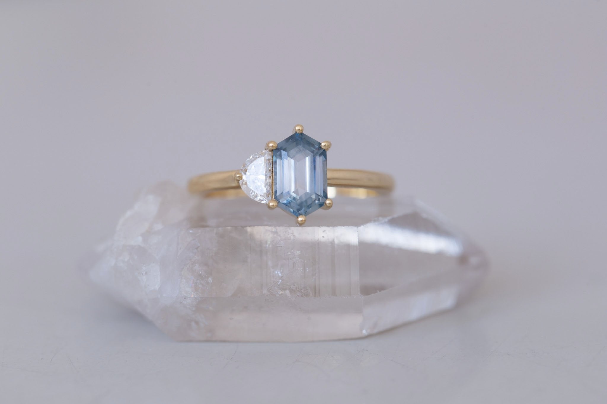 Liana Ring | Grey-Blue Elongated Hexagon Sapphire + Half Moon Diamond Engagement Ring 1.46 ct | 14k Recycled Gold | One of a Kind